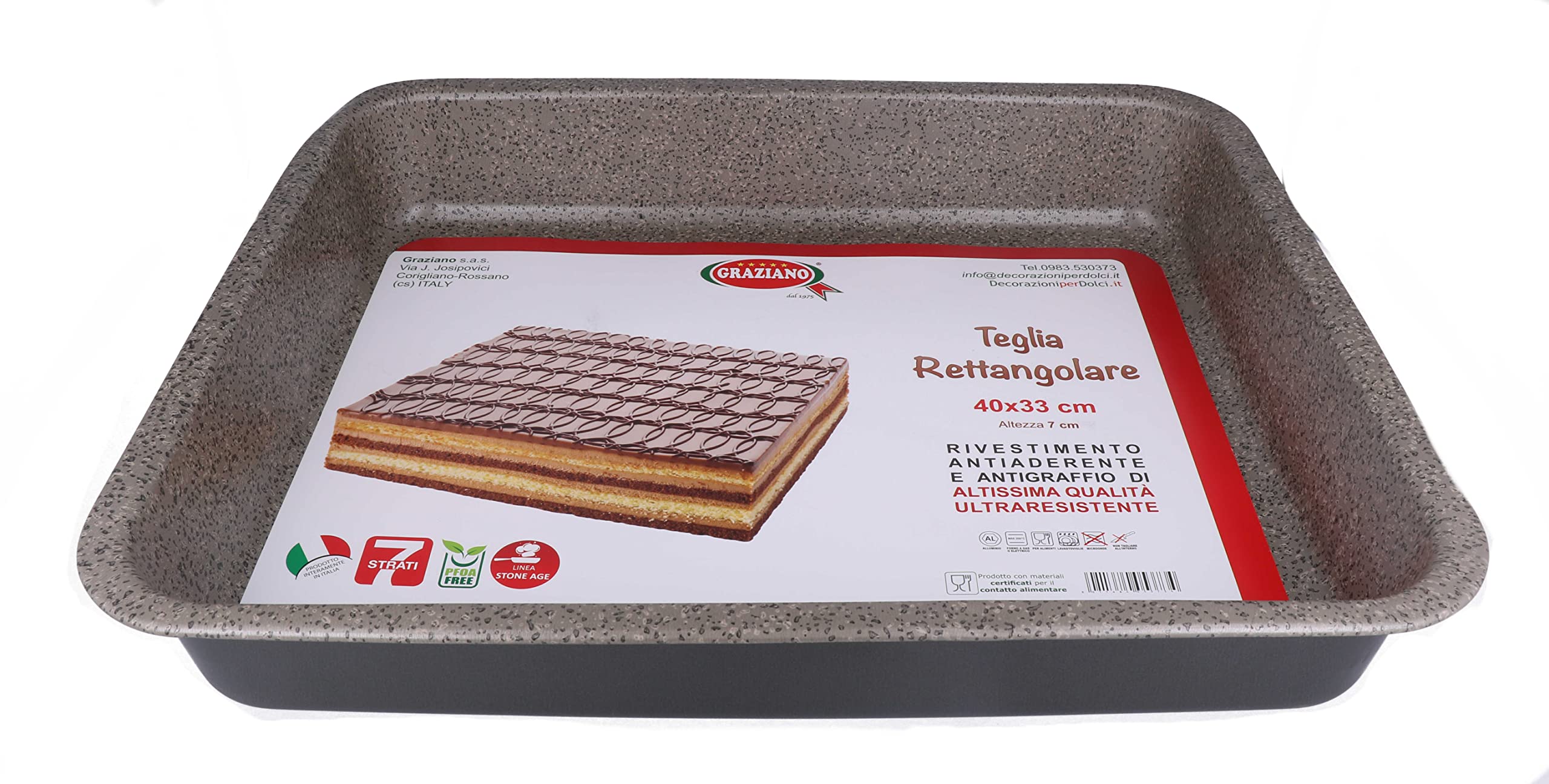 Graziano, prostokątna blacha do pieczenia, wykonana z aluminium, wyposażona w 7 warstw powłoki nieprzywierającej i odpornej na zadrapania, idealna do pizzy i ciast, PFOA Free, 40 x 33 cm