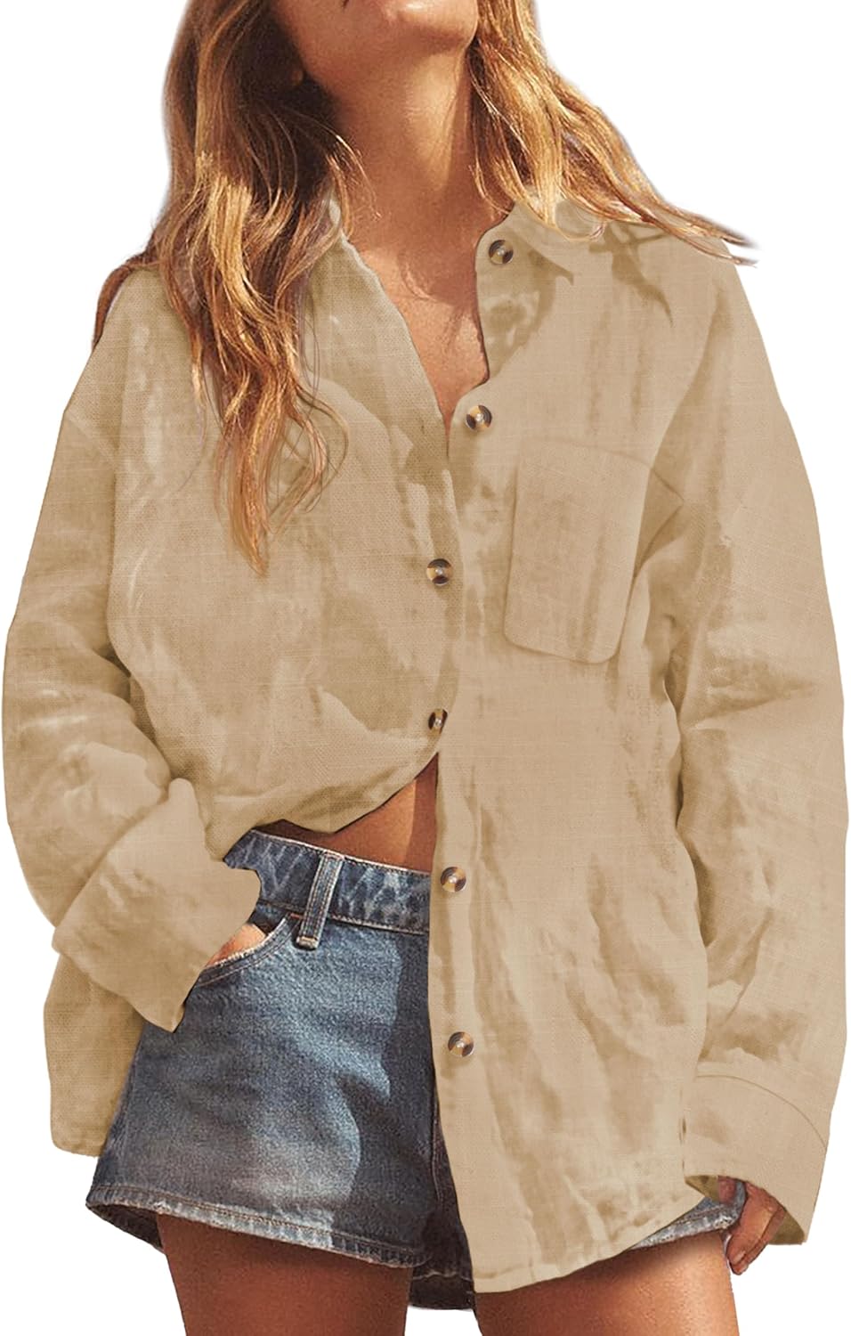 Women's Cotton Linen Button Down Shirt V Neck Roll Up Long Sleeve Collared Blouse Loose Fit Casual Work Tops