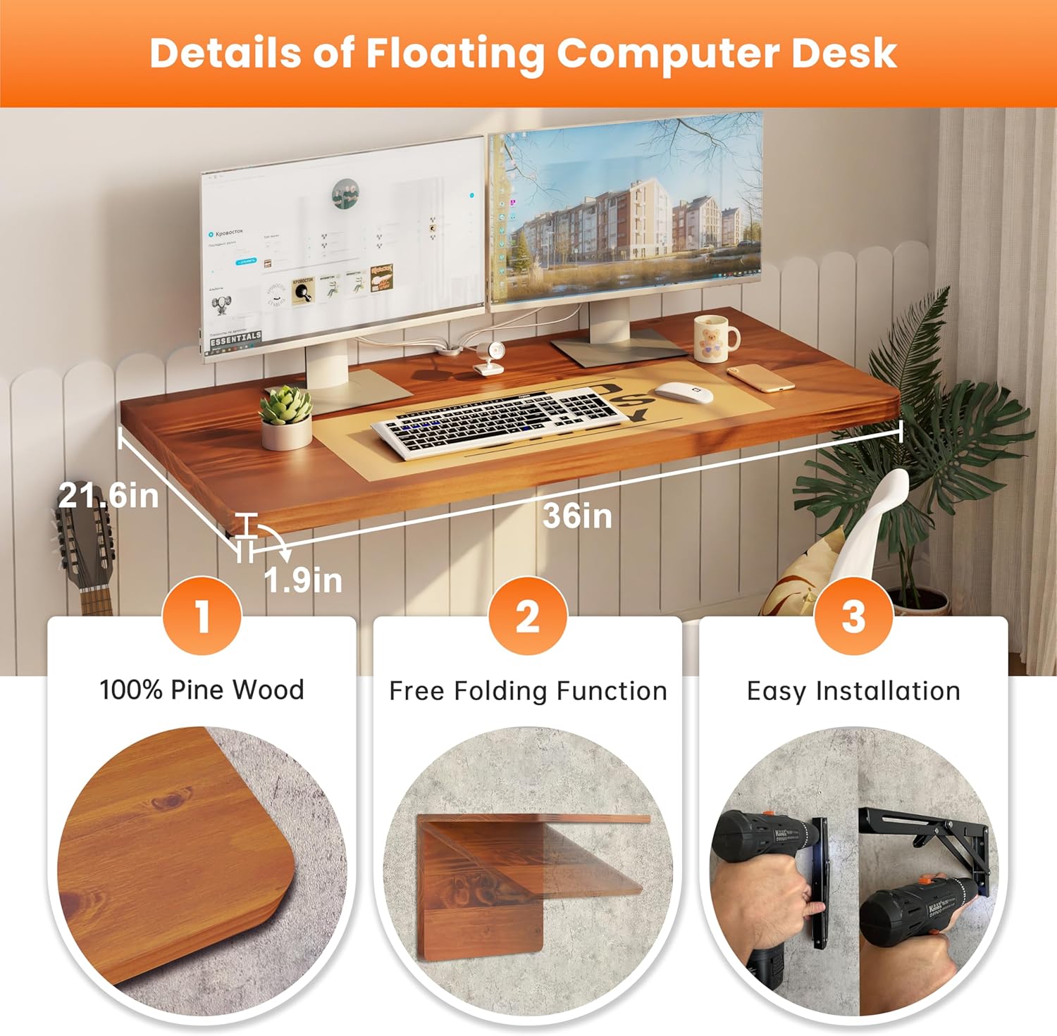 IAE Floating Wall Mounted Folding Table Desk with Pine Wood,36" x 22" Foldable Workbench,Fold Down wall Mounted Foldable Desk with Shelf Brackets,Laundry Folding Table for Home,Dining,Kitchen,Teak