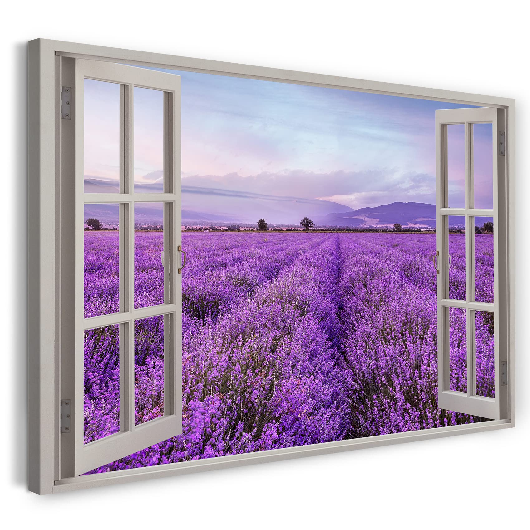 Print on Canvas (60x40 cm) view from the window - field of purple flowers sky mountains - nature photography, real wood frame with hook