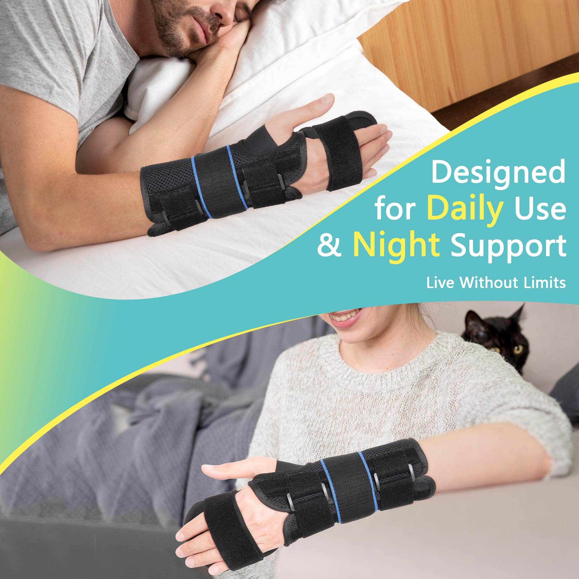 fibee Stecca per mano a riposo, cura post-ictus, comfort del tunnel carpale, immobilizzatore mano, mano destra, nero, L