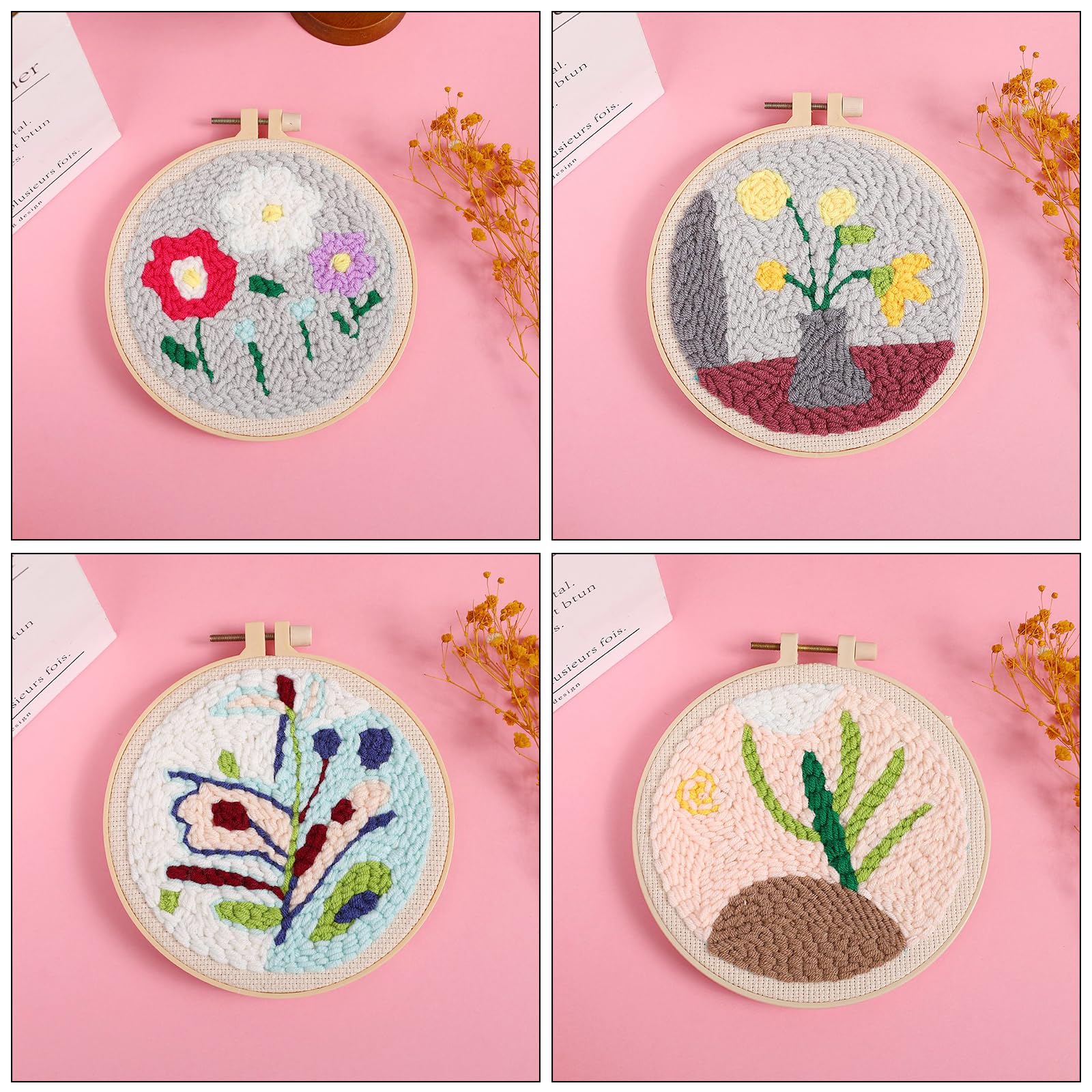 Allazone 4 Punch Needle Starter Kit, Kit di Ricamo per Aghi da Punzonatura con Motivo e Lstruzioni, Set da Ricamo per Principianti e Adulti, Piante e Fiori