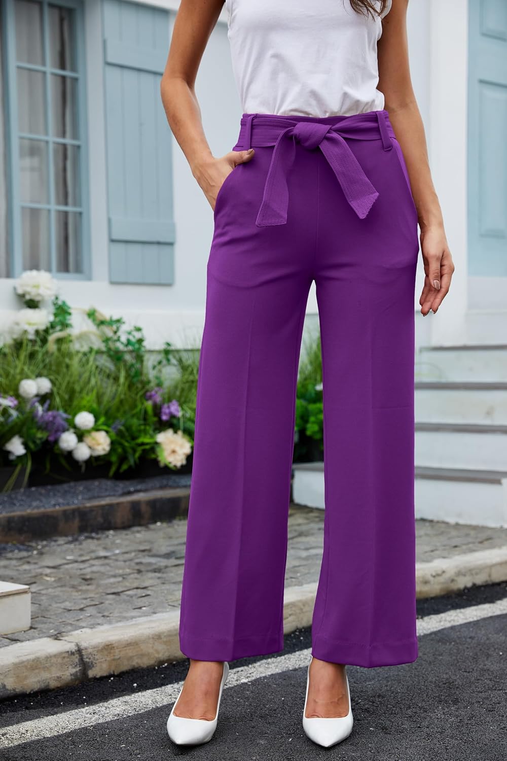 Women's Casual High Waisted Wide Leg Dress Pants with Pockets and Belt - Image 3