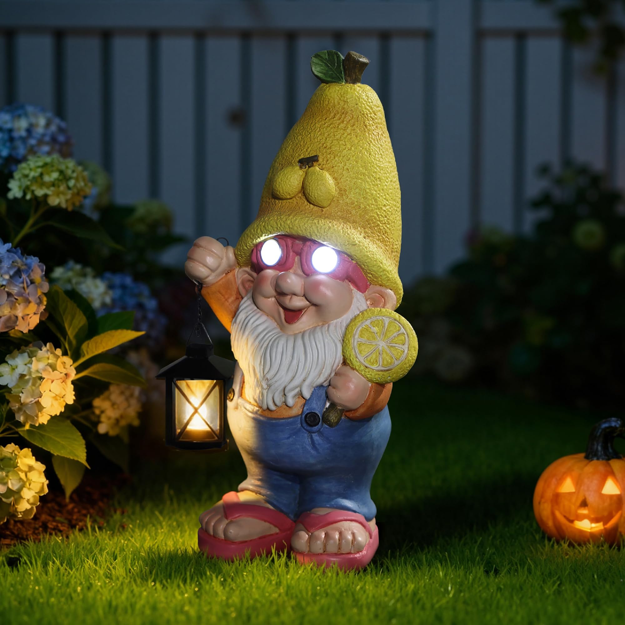 Hometopia 46cm Solar LED Zitronen-Wichtel Leuchtende Augen Gartenfigur Lustige Gartenstatue mit Beleuchtung –Wetterfeste Dekofigur Ideales Muttertagsgeschenk für Mama Oma Für Garten, Terrasse & Balkon