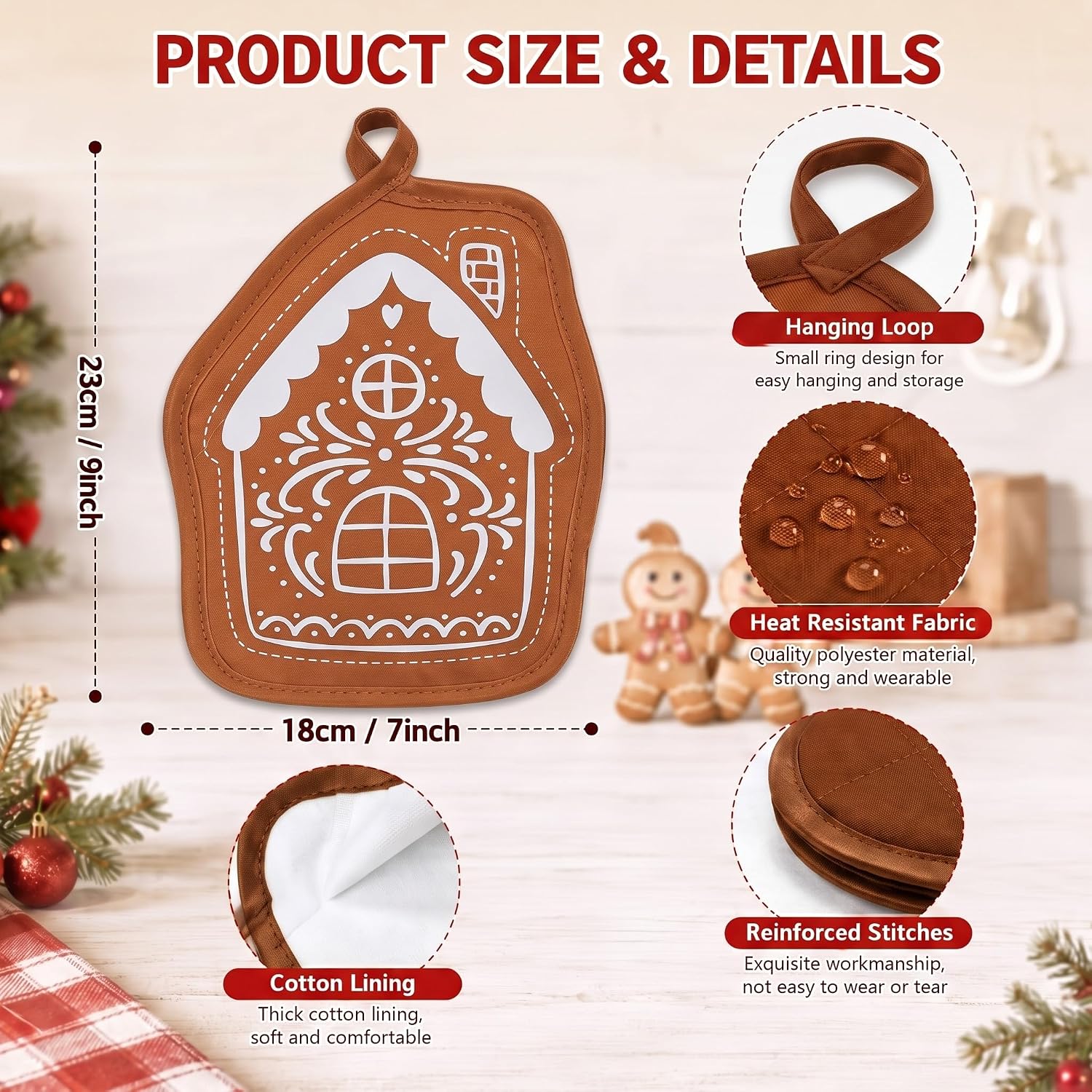 WILLBOND 12 Pcs Christmas Pot Holders Brown Gingerbread House Oven Mitts image 2