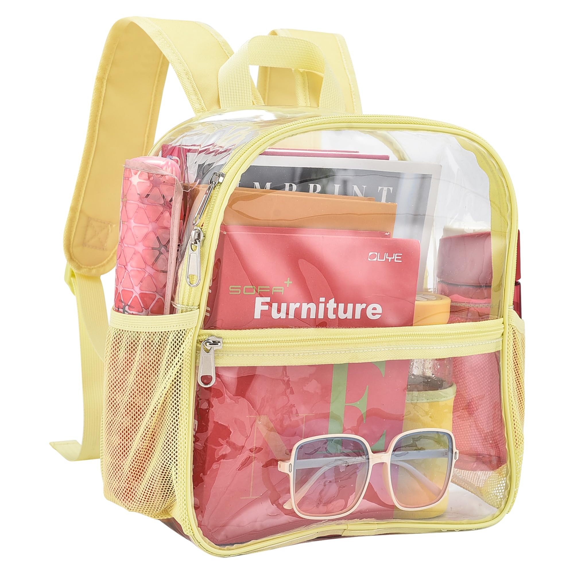 Busiuw Clear Backpack for Stadium Events 12x12x6 Mini Small Sports Fan Backpacks with Front Pocket for Concert Sport Events Work Travel(Yolk yellow)