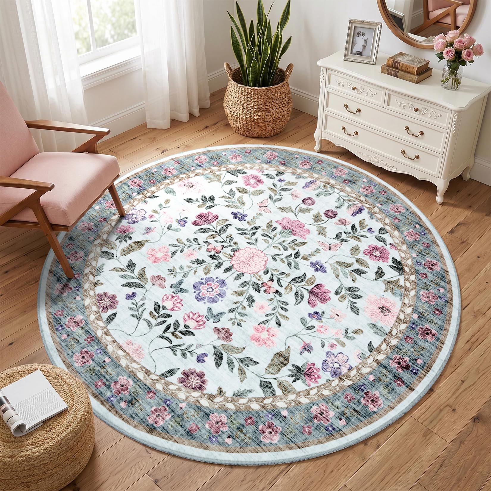 CAROMIO Floral Round Rug 120cm Washable Low Pile Non-Slip Living Room Blue