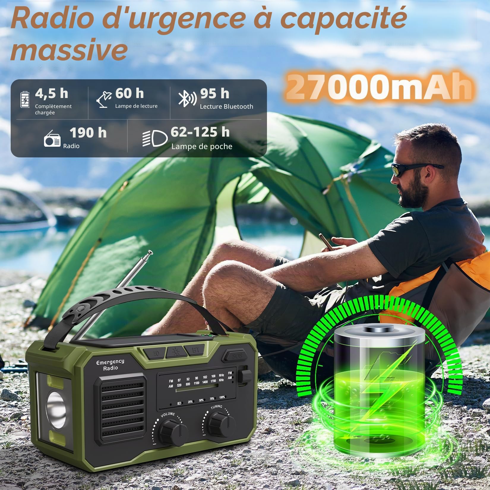 27000mAh Radio Survie FM/AM Solaire Bluetooth 5.3 Alarme SOS Boussole Lampe Dynamo Vert
