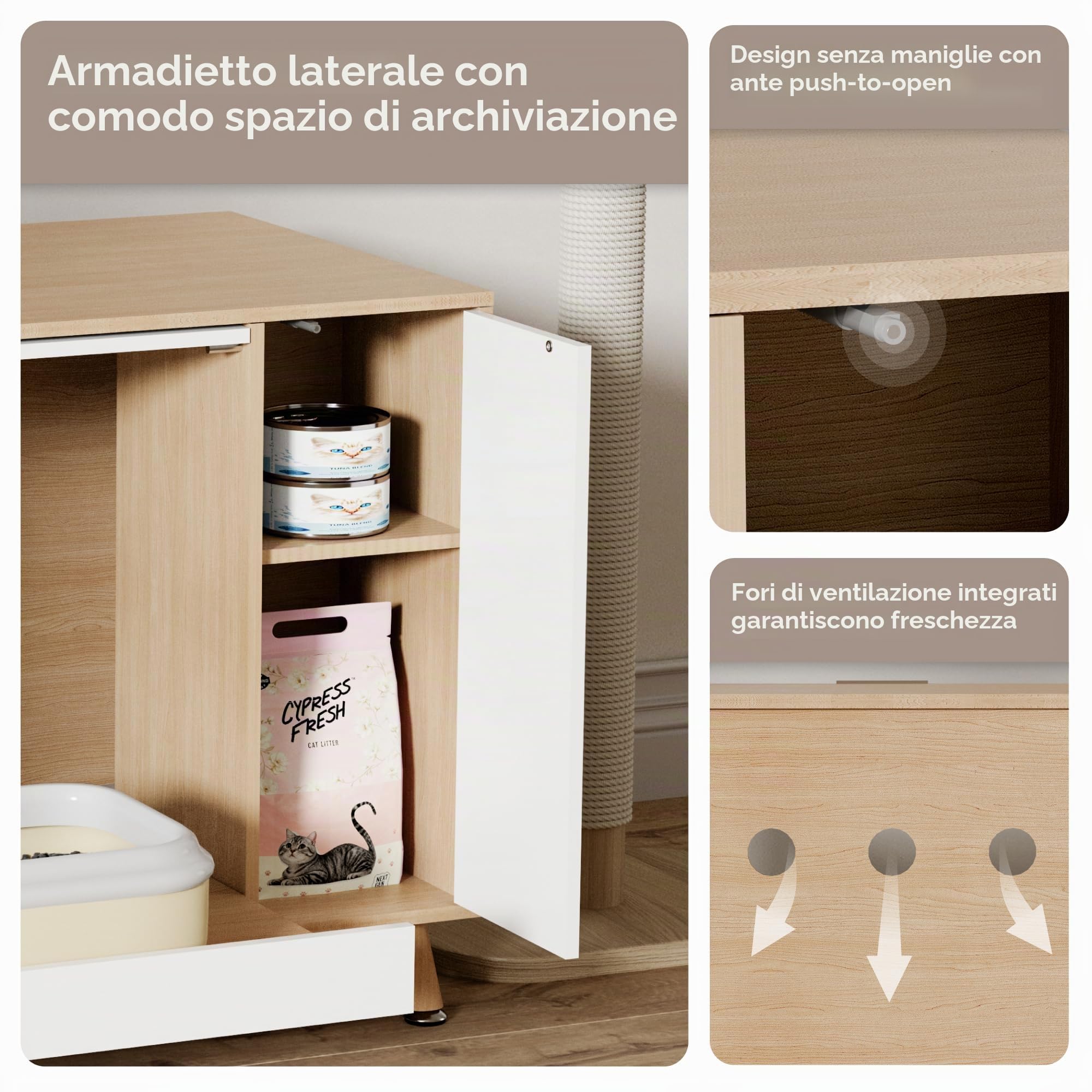 Mobile Lettiera per Gatti, Mobile Nascondi Lettiera con Ante Ribaltabile e Vassoio Estraibile, Cuccia per Gatti con Entrata Laterale e Mobiletto, Tonalità Legno, 80x50x60 cm