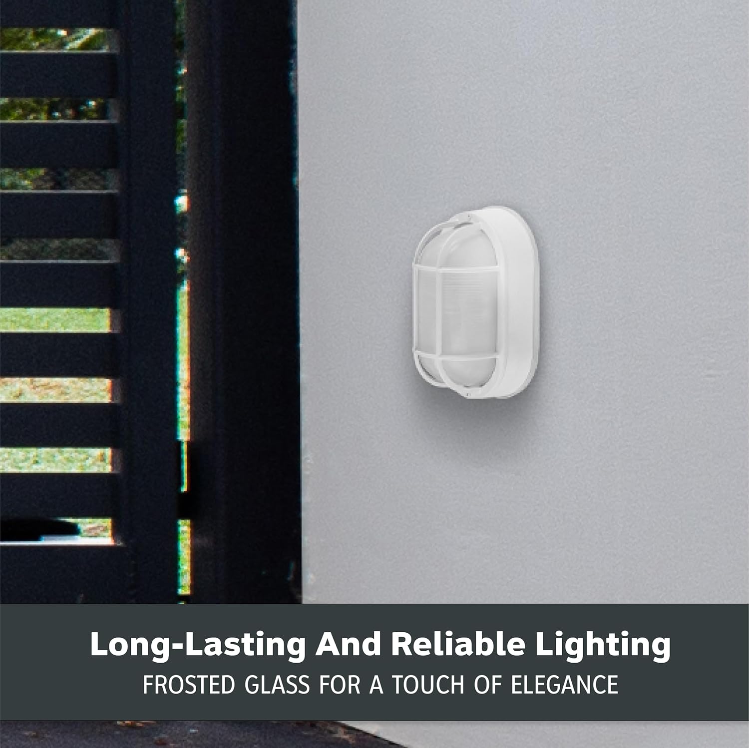Designers Fountain Outdoor Wall Light, 5 Inch Oval Bulkhead Lighting Fixture with Cage Guard, Porch or Patio Ceiling Mount Sconce, White, 2071-WH