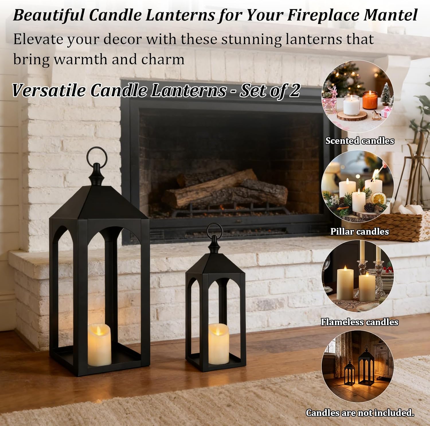 23" 17" Large Black Metal Candle Lanterns Decorative Indoor Modern Farmhouse Lantern Decor Set of 2 Outdoor Lanterns for Porch Patio Floor Mantle Fireplace Lantern for Christmas Halloween Home Decor