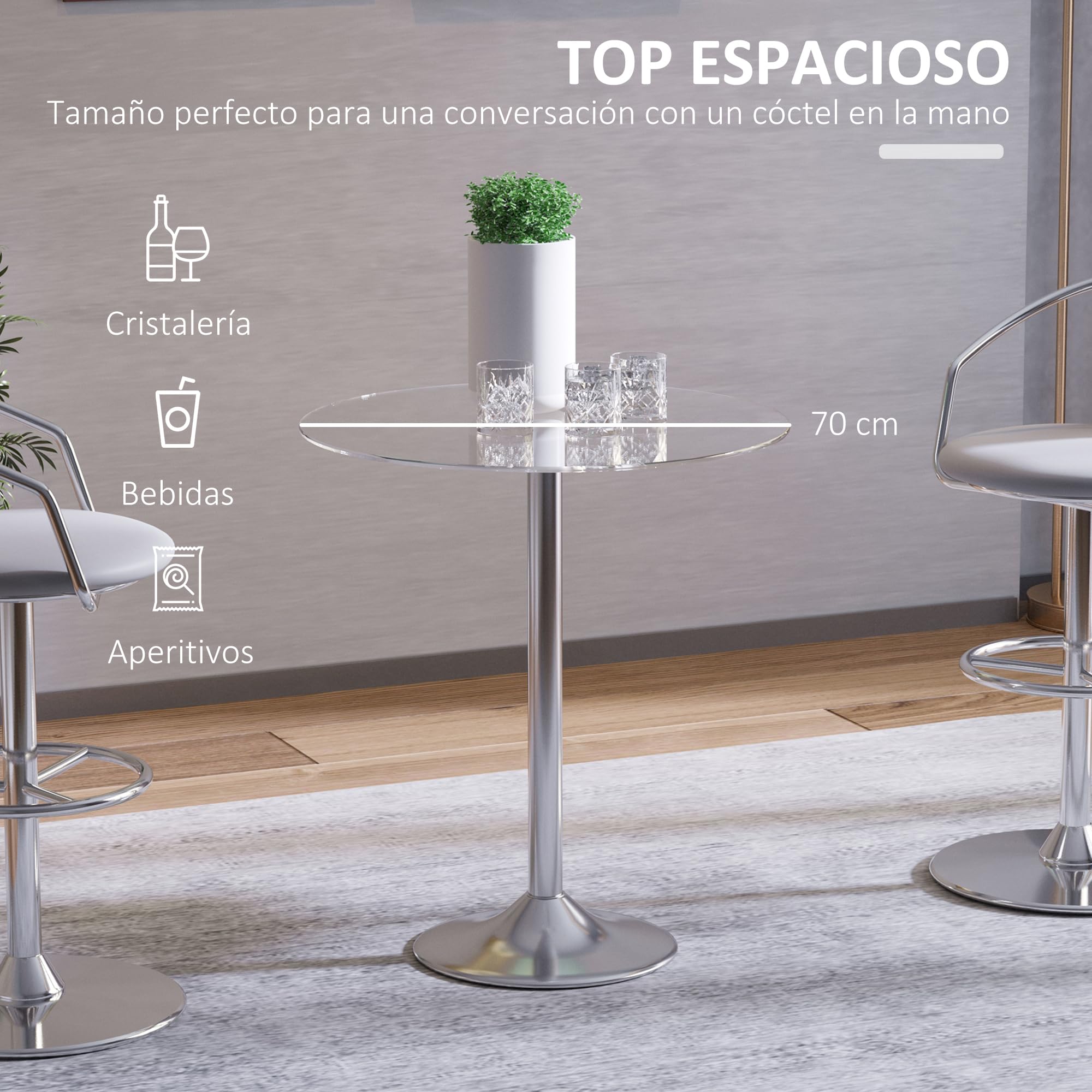 HOMCOM Mesa de Comedor Redonda para 2 Personas Ø70 cm Moderna Plateada | Mesa de Cocina, Superficie de Vidrio Templado, Base de Acero, para Salón, Comedor