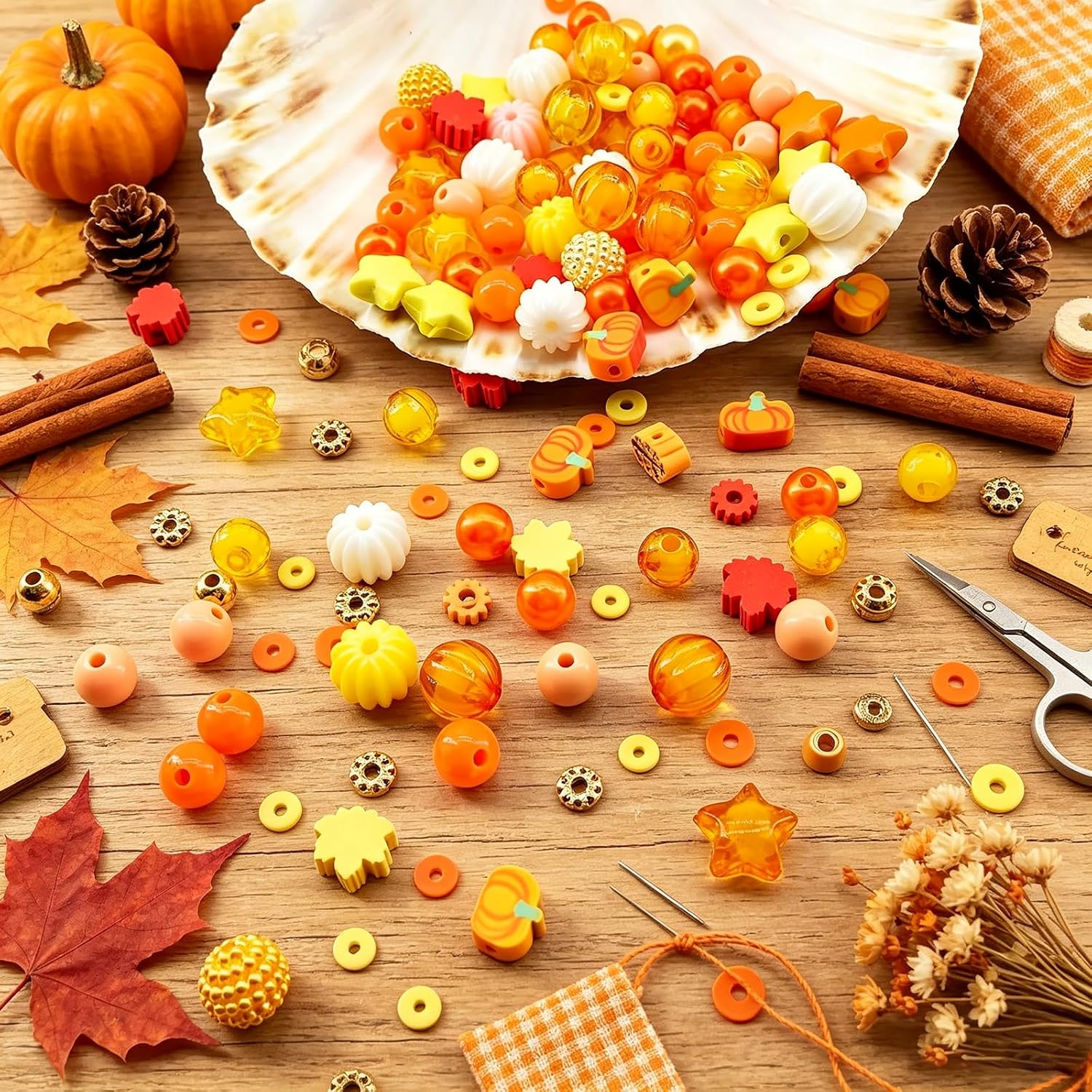 1470Pcs Fall Bracelets Kit - Thanksgiving Fall Beads for Jewelry Making - Autumn Maple Leaf Pumpkin Clay Beads Pearl Star Round Loose Spacer Heishi Beads for Necklace Earrings DIY Craft