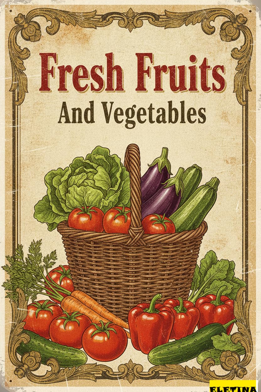 Fresh Fruits Vegetables Farmer Market Tin Sign, 12x8 Inch
