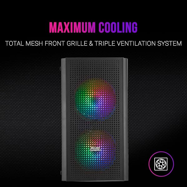Mars Gaming MC300 Schwarz, MicroATX PC Gehäuse, Gehärtetes Glas, Mesh Front, 3xFRGB Lüfter - 3