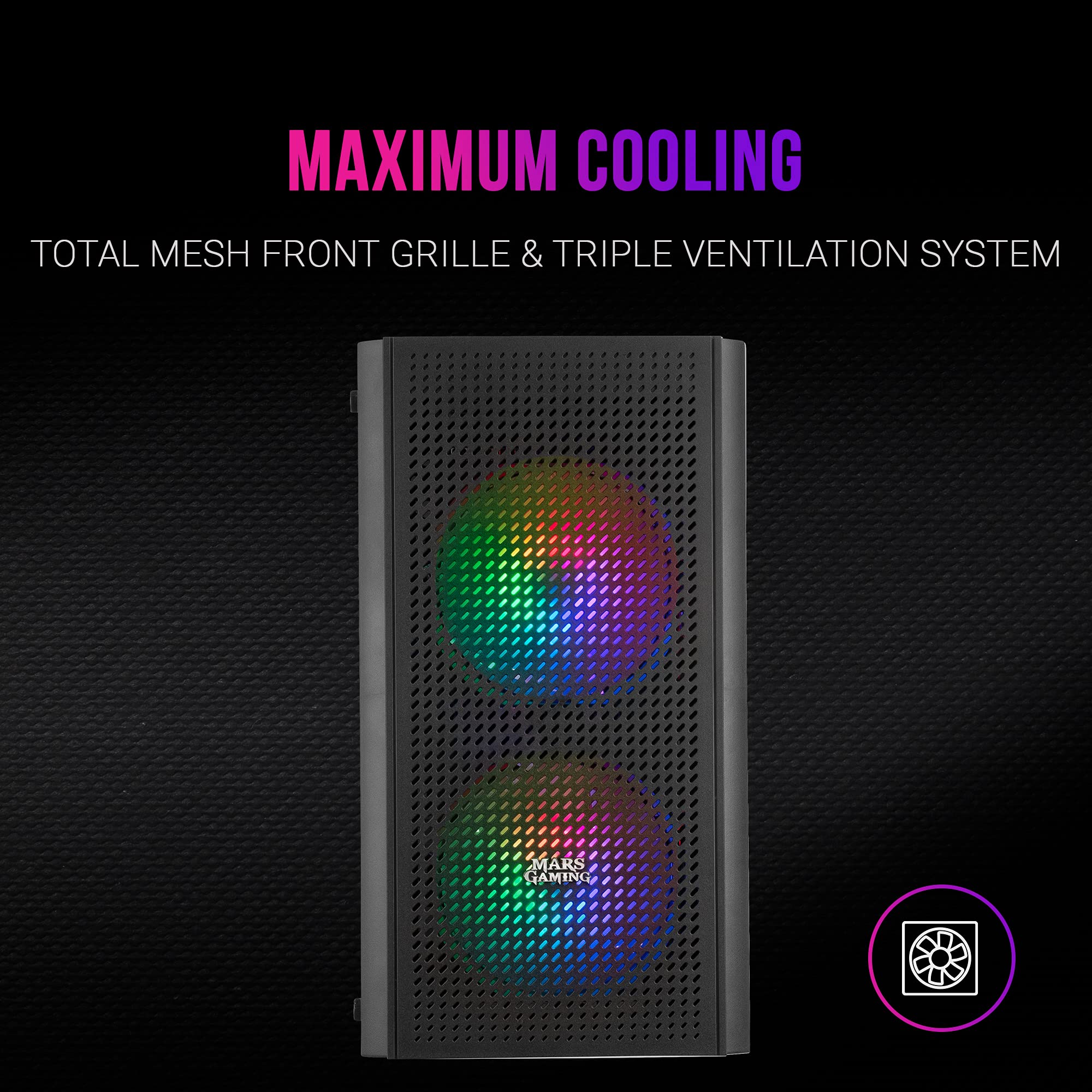Mars Gaming MC300 Schwarz, MicroATX PC Gehäuse, Gehärtetes Glas, Mesh Front, 3xFRGB Lüfter - 3
