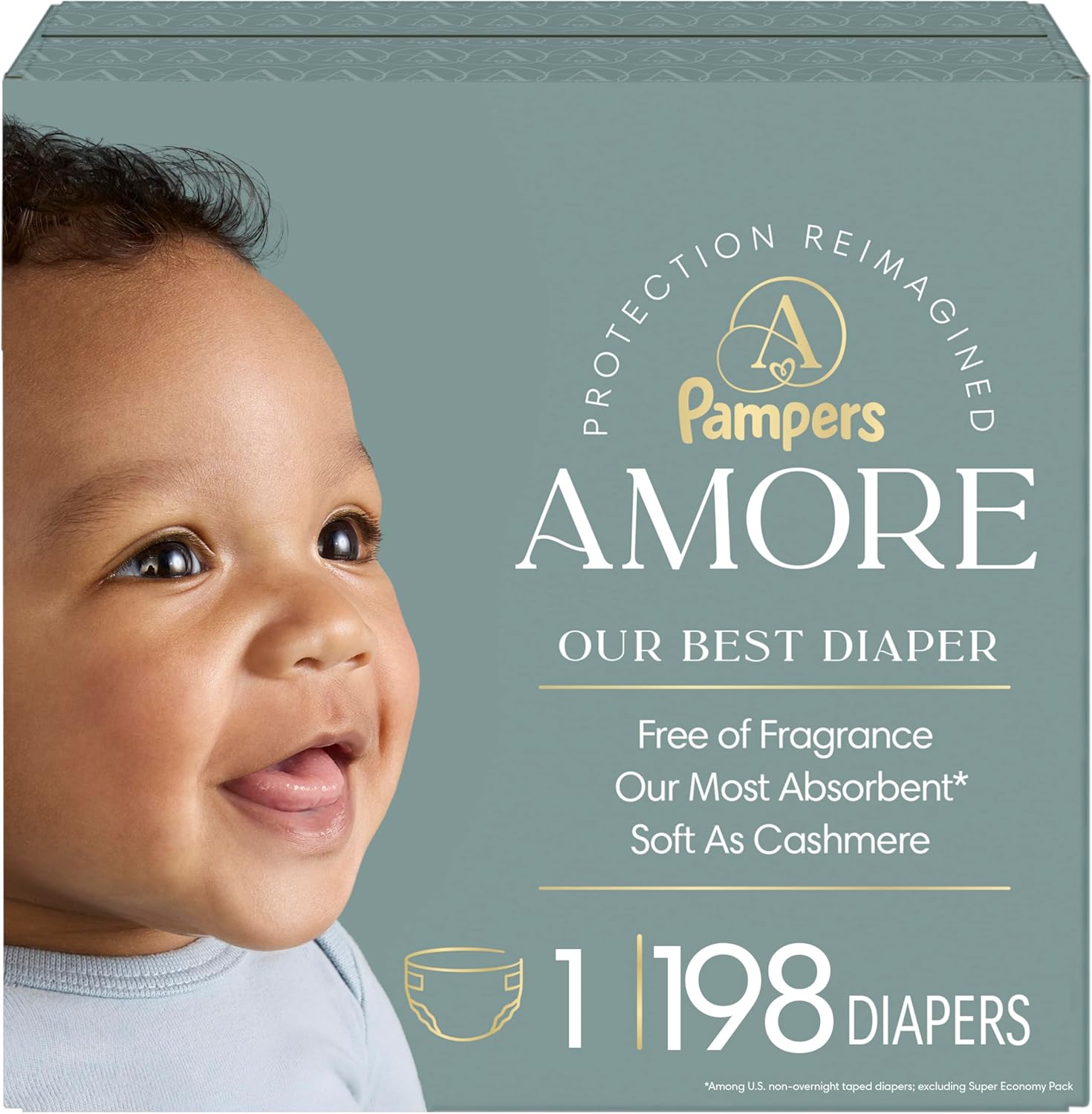 Pampers Amore, Size 1 (8-14 lbs), 198 Count, Our Best Diaper – Hypoallergenic & Fragrance Free, Up to 100% Leakproof, Soft as Cashmere