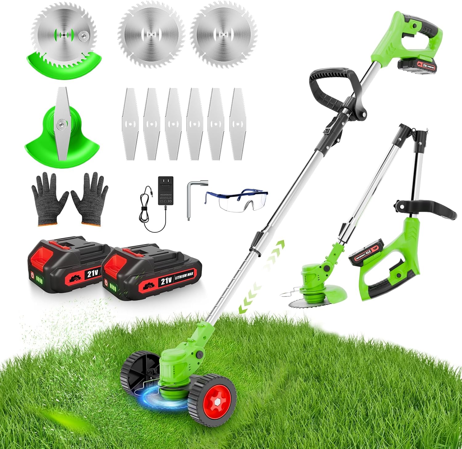 Electric Weed Wacker, Cordless Weed Eater Lightweight Grass Trimmer Cutter with 2x2.0Ah Battery Brush Cutter/Edger/Mower with 2 Types Blade & Wheels for Garden and Yard Lawn