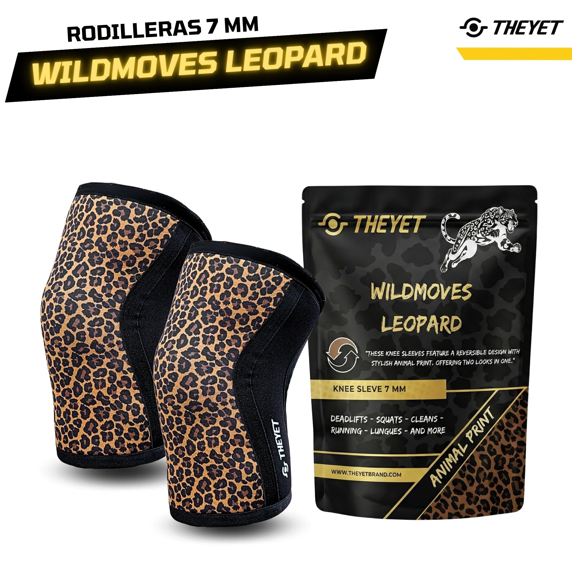 Theyet Rodilleras CrossFit Compresión Neopreno 7mm Reversibles Animal Print Par | Soporte Ajustable Mujer Protecciones deportivas Rodilla | Gimnasio Powerlifting Halterofilia Fitness Gym (M)