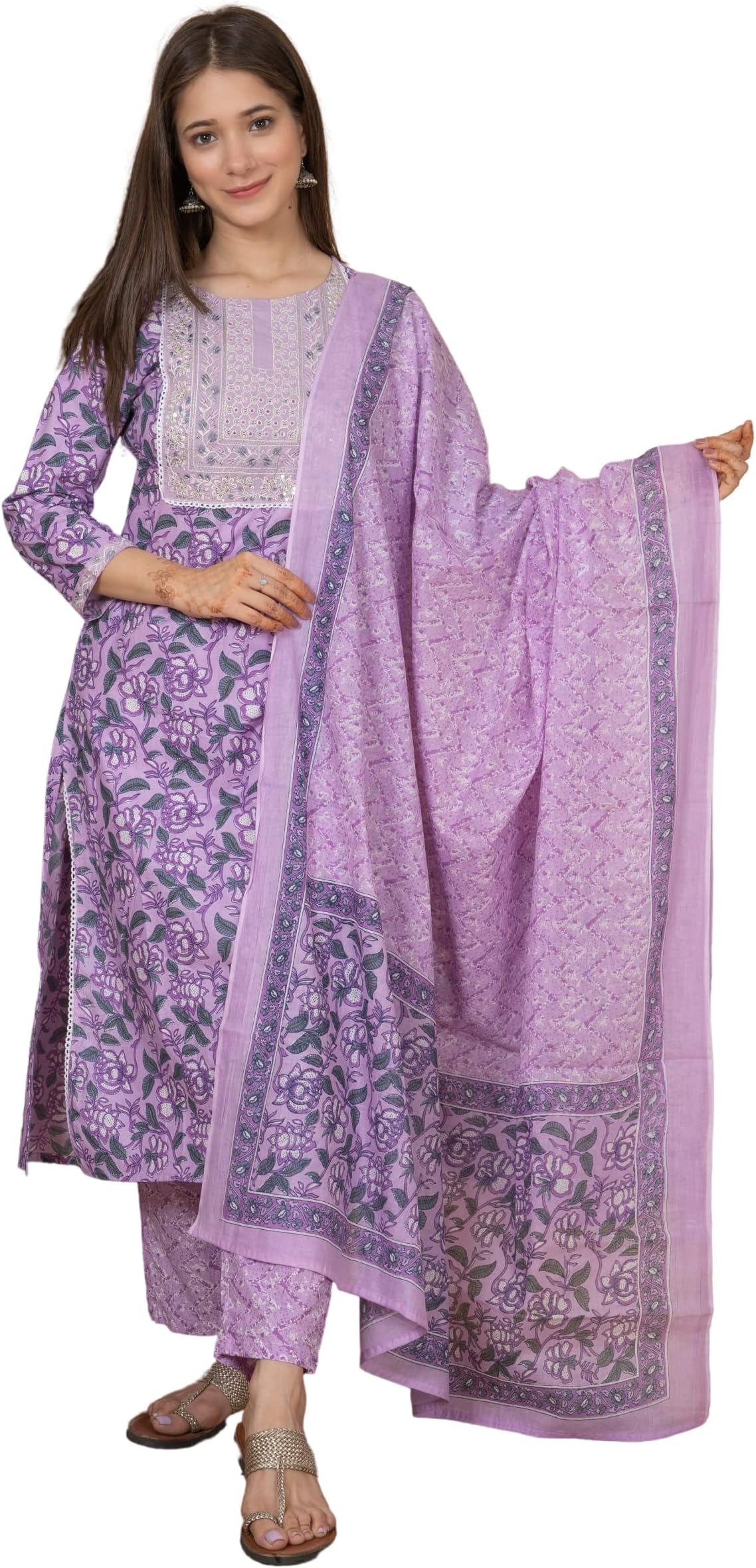 Women's Cotton Printed Printed Straight Embroidery Kurta with Palazzo & Dupatta Set