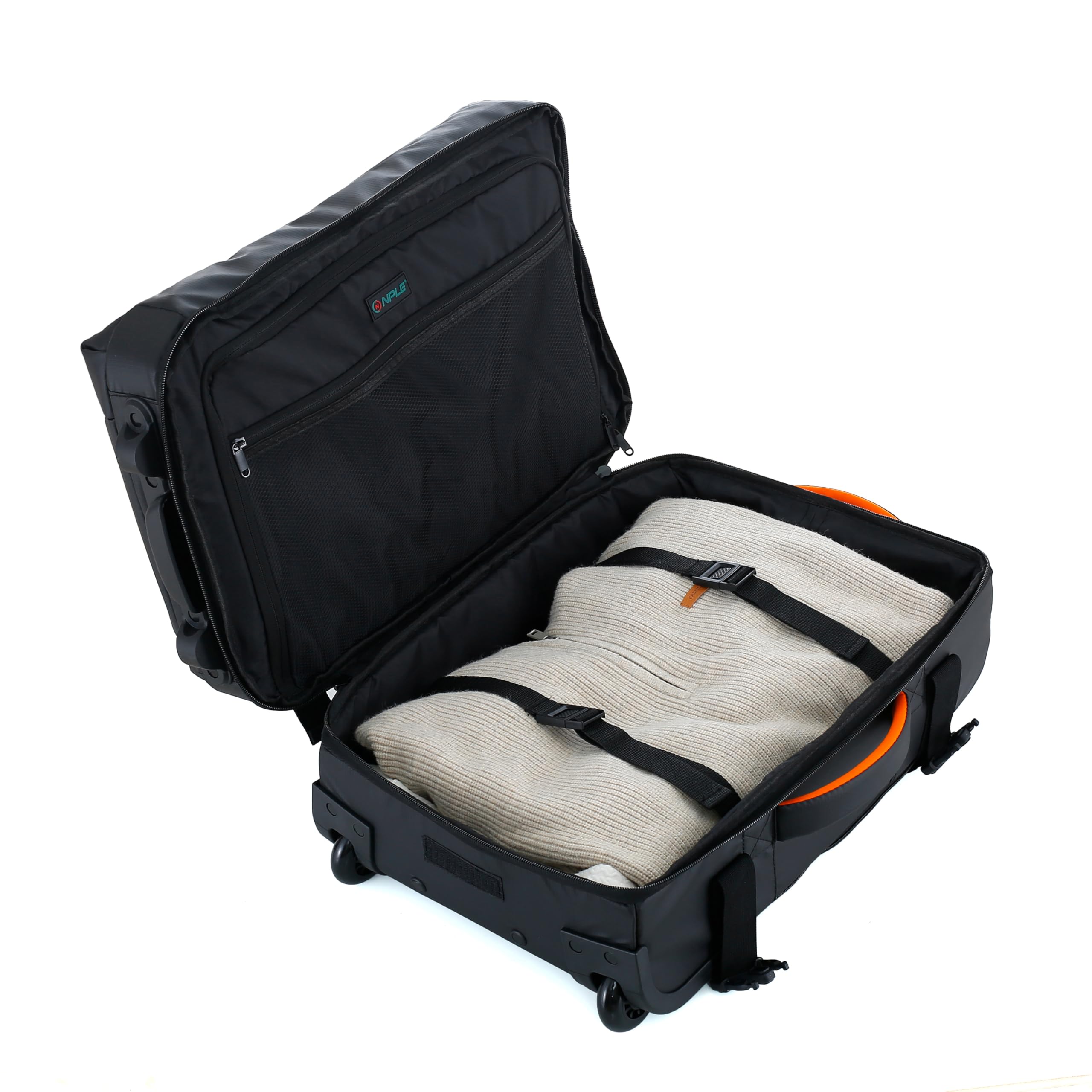 Zaino Trolley Ibrido da Viaggio, Bagaglio a Mano, Convertibile Zaino/Valigia, Nero, Poliestere, 55x35x20cm, con Ruote Scorrevoli e Chiusura TSA (Bagaglio a mano 55x35x20cm, Black Orange)