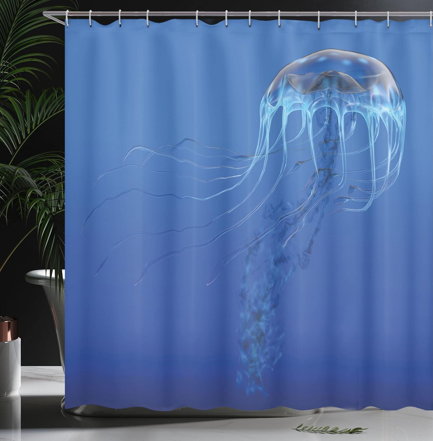 Ambesonne Jellyfish Shower Curtain, Blue Spotted Jelly Fish Aquarium Life Marine Animals Ocean Predator in The Deep Water, Cloth Fabric Bathroom Decor Set with Hooks, 69" W x 84" L, Blue