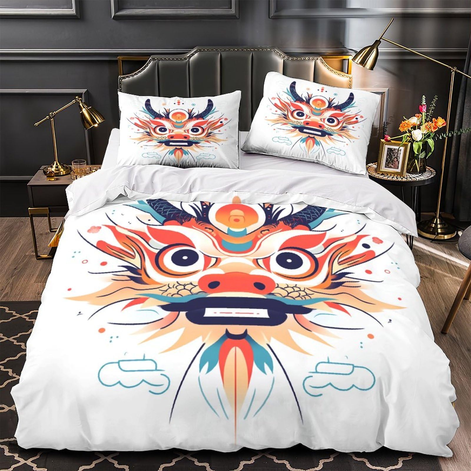 Drap de Couette Masque de Dragon 3D Déco Chambre Fille Ambiance Féerique et Confortable 220x240