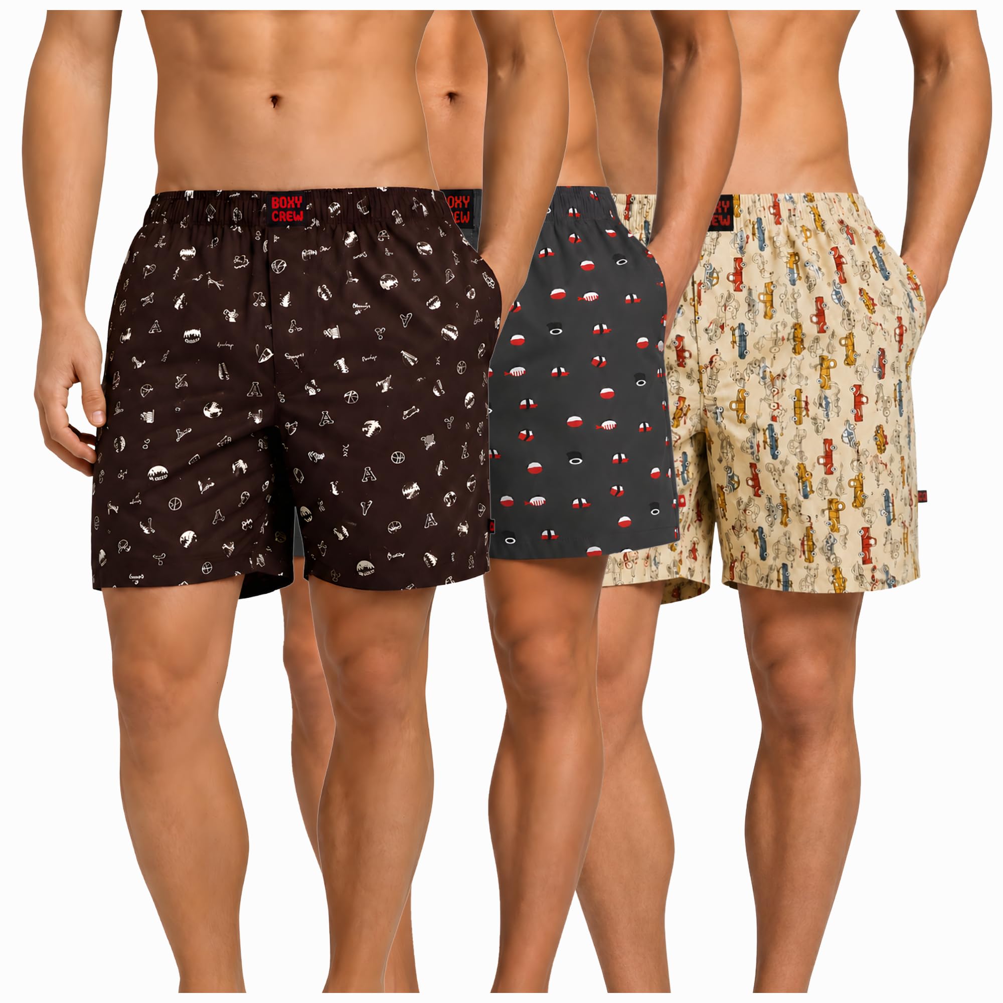 Men's 100% Cotton Boxer Shorts Pack of 3, Brown, Charcoal & Beige | Woven Boxers with Side Pockets, No-Marks Elastic Waistband, Breathable Relaxed Fit | Style 005-012-013-picture-41