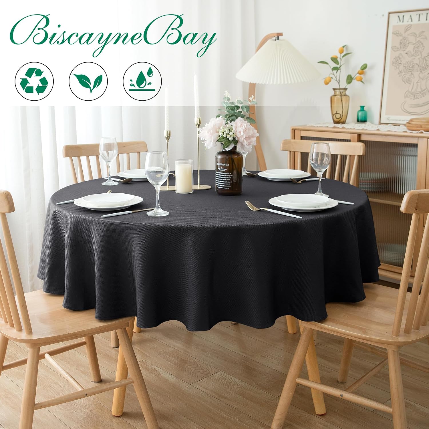 Biscaynebay Textured Fabric Round Tablecloths 60", Black Table Cloth Water Resistant Small Circle Folding Table Covers Linen Washable for Dining, Kitchen, Wedding and Parties etc 60" (Round) Black