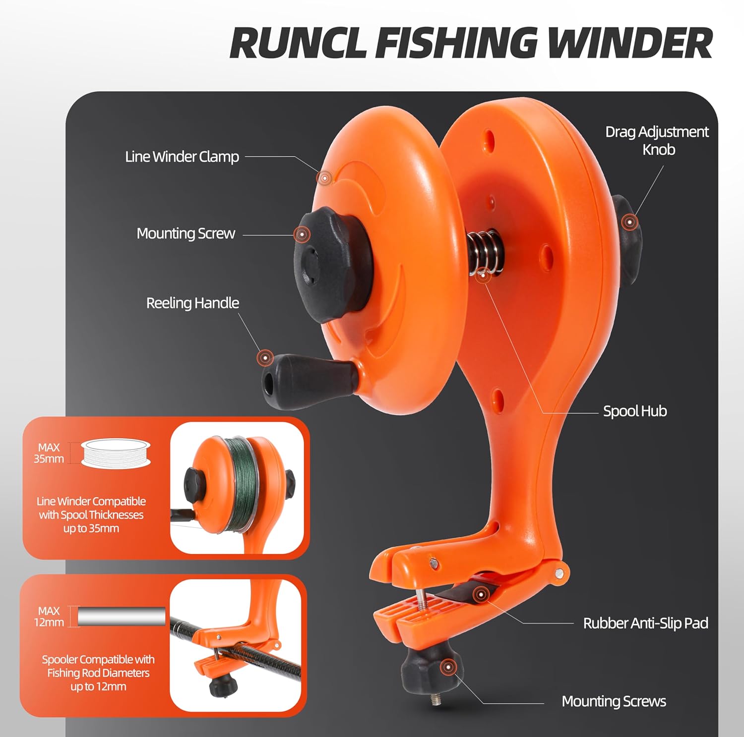 RUNCL Fishing Line Spooler – Portable Winder & Reel Spooling Tool for Casting and Spinning Reels, Prevents Line Twist, Non-Slip Handle with Built-in Scissors, Fishing Accessories for Anglers