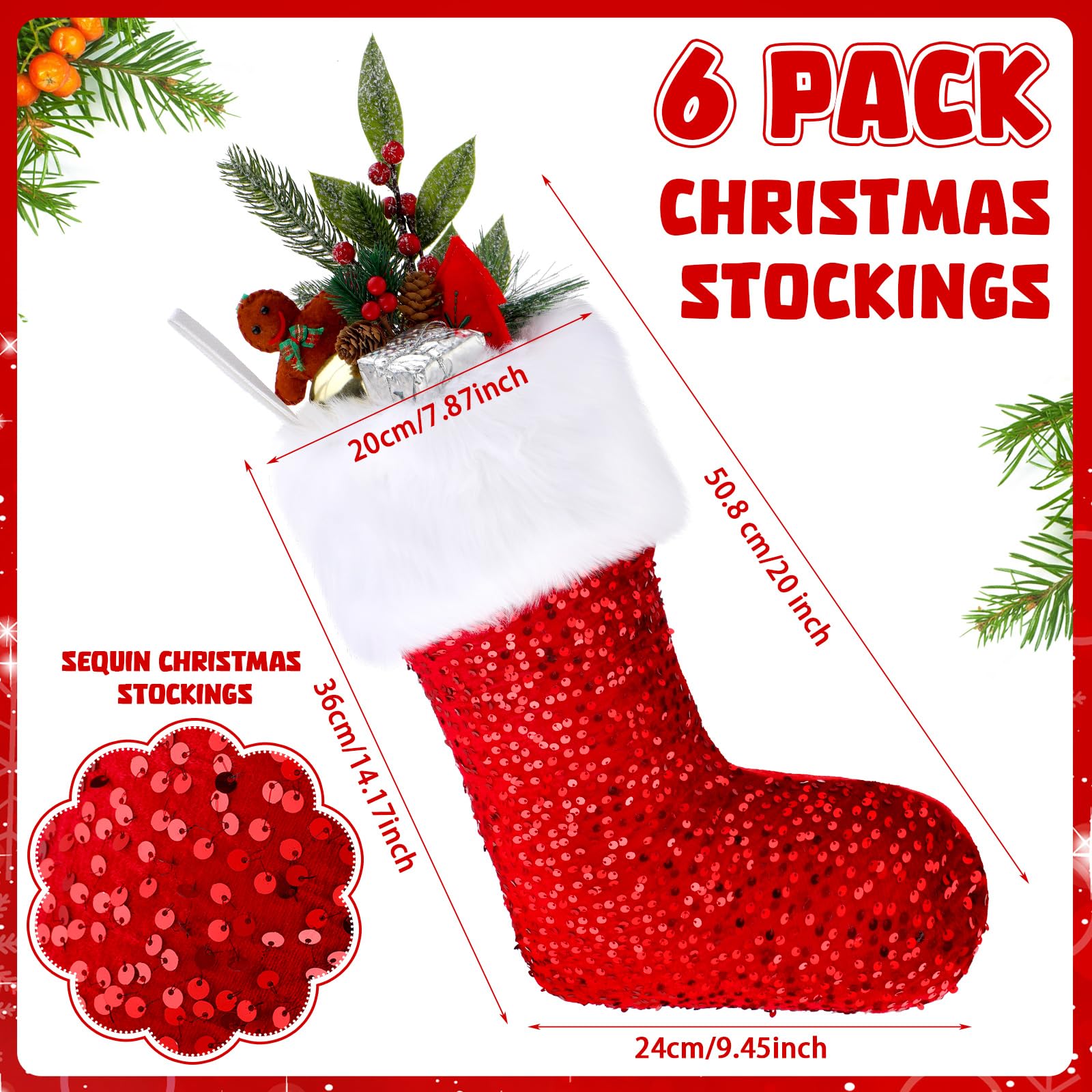 Weihnachtsstrümpfe, Kunstfell, Weihnachtsstrümpfe, große Plüsch-Manschette, hängende Ornamente für Weihnachtsbaum, Kamin, Rot, Glitzer-Pailletten-Stil, 6 Stück