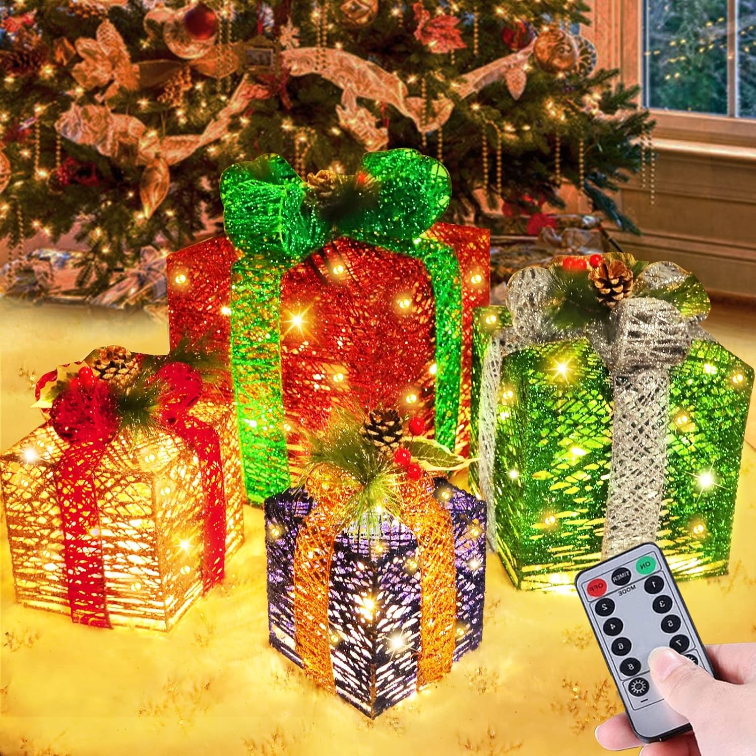 [ Super Large 12"10"8"7" ] 4 Pack Christmas Lighted Gift Boxes Decor