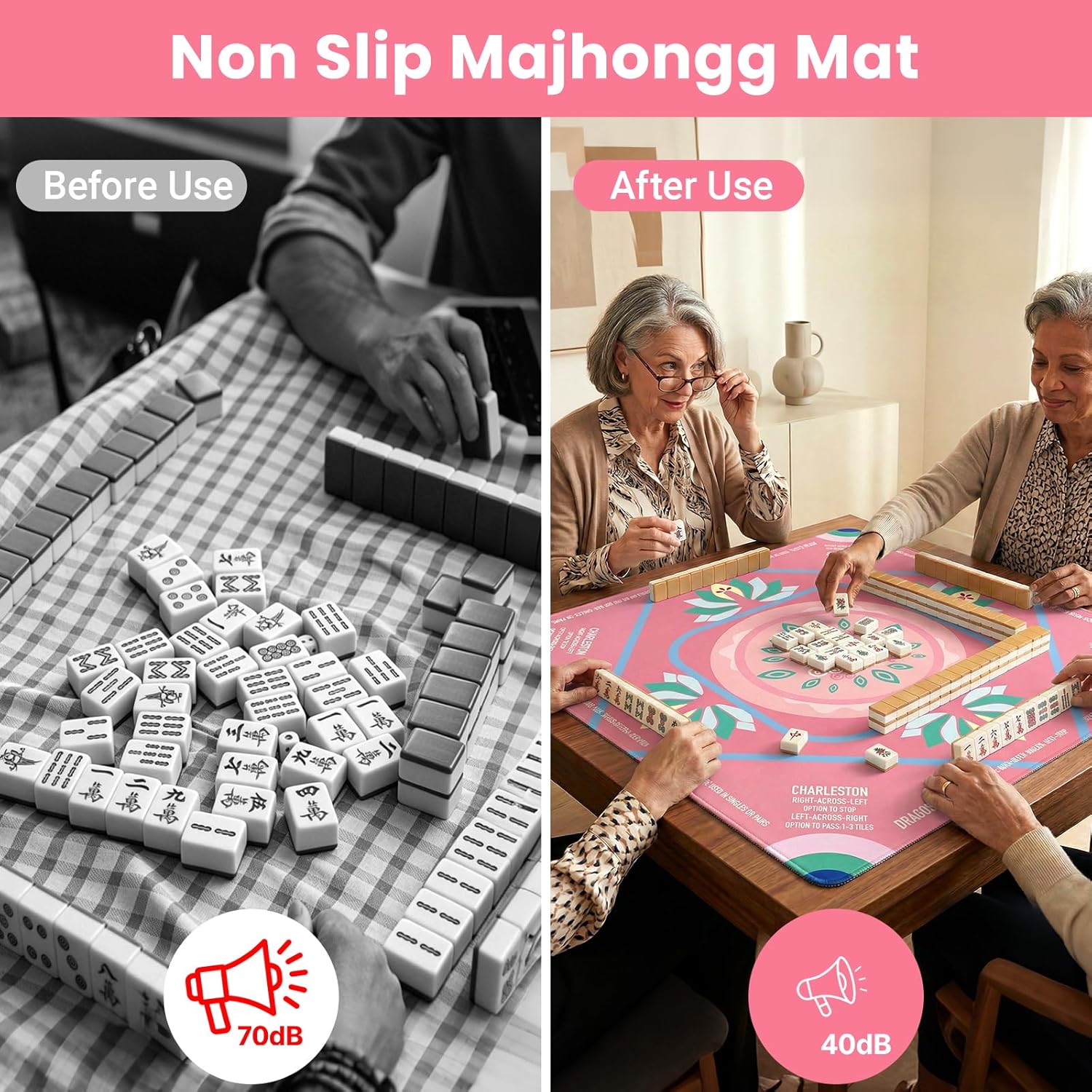 Mahjong Mat with Rules, 32.2 Inch Square Mahjong Mats for Table, Noise Reduction Mah Jong Mat, Rubber Anti-Slip Base for Board Games, Tiles Game & Dominoes Pink