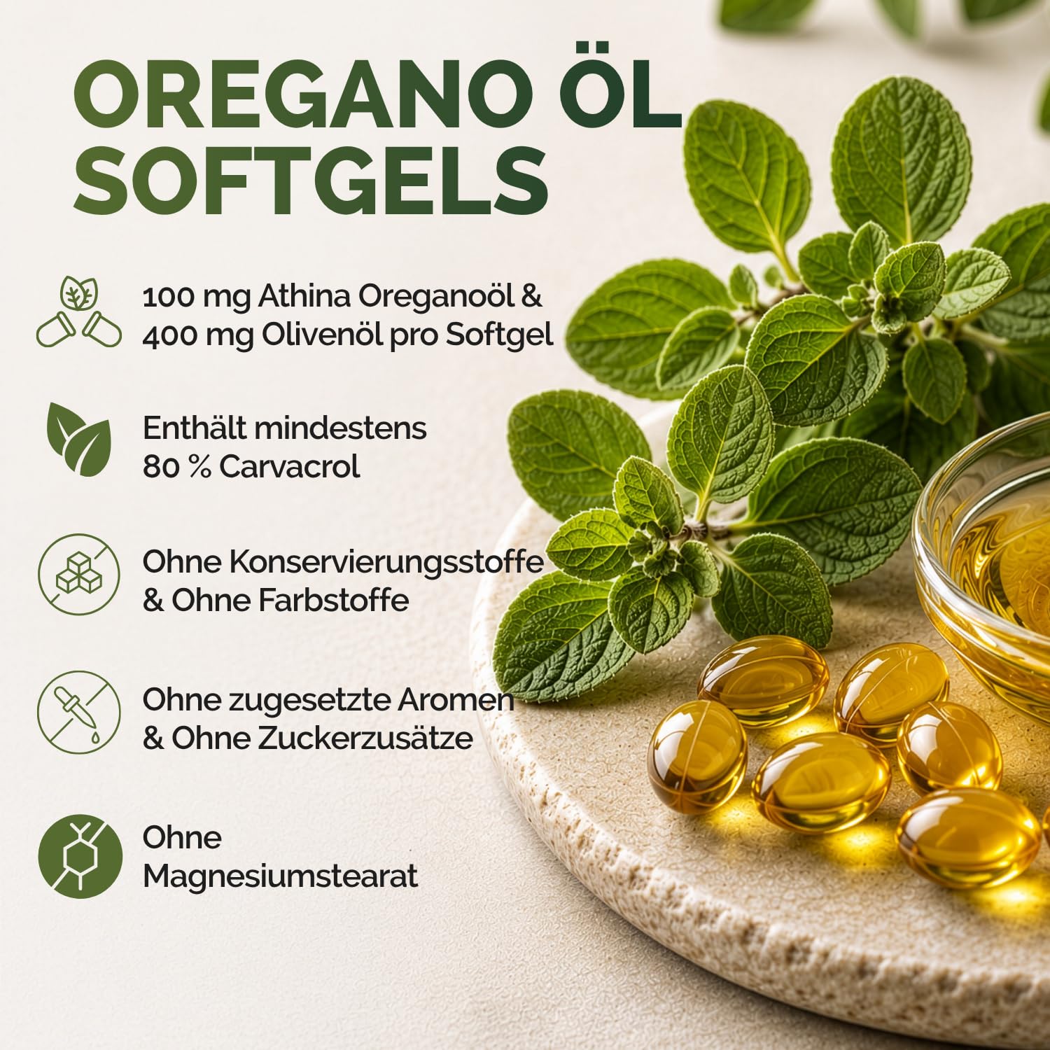 Athina® Oregano Öl 1 x 60 Kapseln I Softgels-Forte 500 mg | 100 mg pro Kapsel & 400 mg natives Olivenöl Extra aus Griechenland | 80% Carvacrol