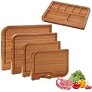 4-PCS Bamboo Cutting Board Set with Innovative Stand - Durable Double Sided Chopping Board with Juice Groove & Handle for Meal Prep, Meat, Fruit, Charcuterie Serving, Eco-Friendly Healthy Kitchen Gift