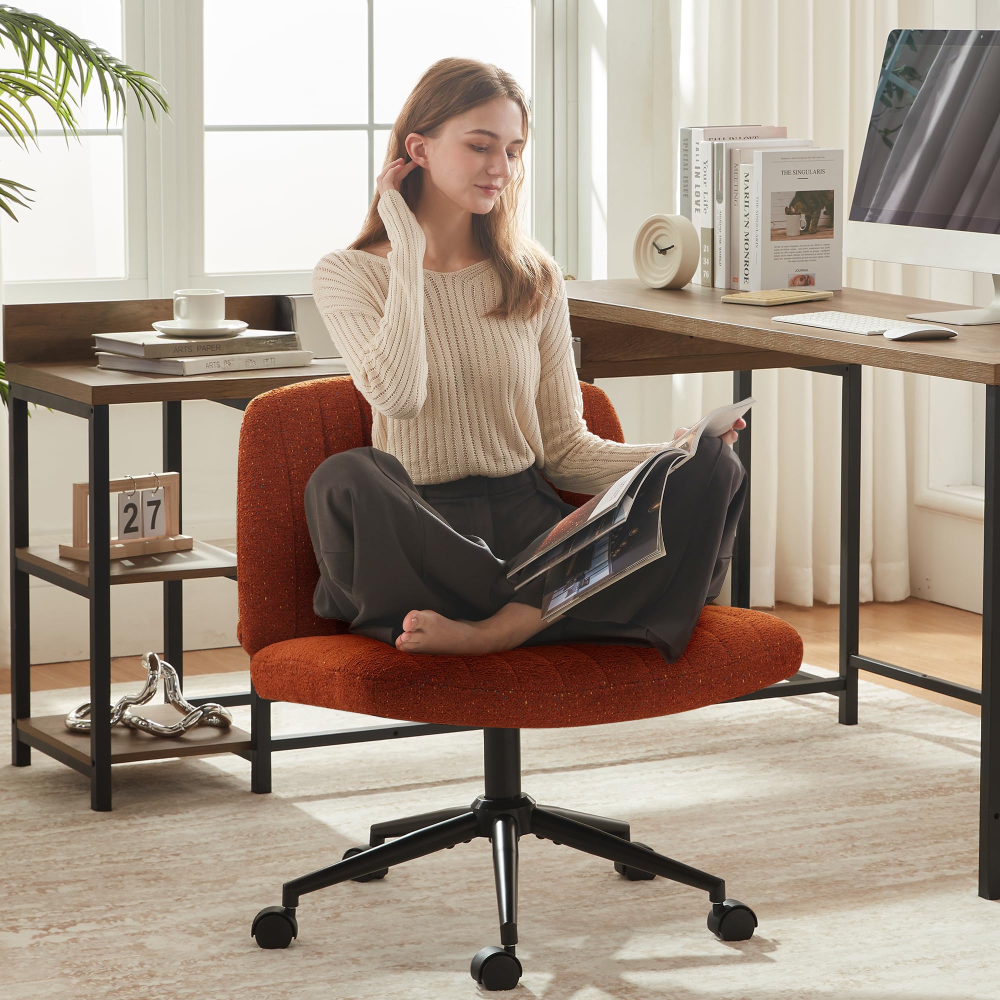 Dowinx Criss Cross Chair with Wheels, Preminum Fabric and Pocket Spring Cushion, Adjustable Swivel Wide Seat Computer Chair, Morden Design Vanity Chair Orange