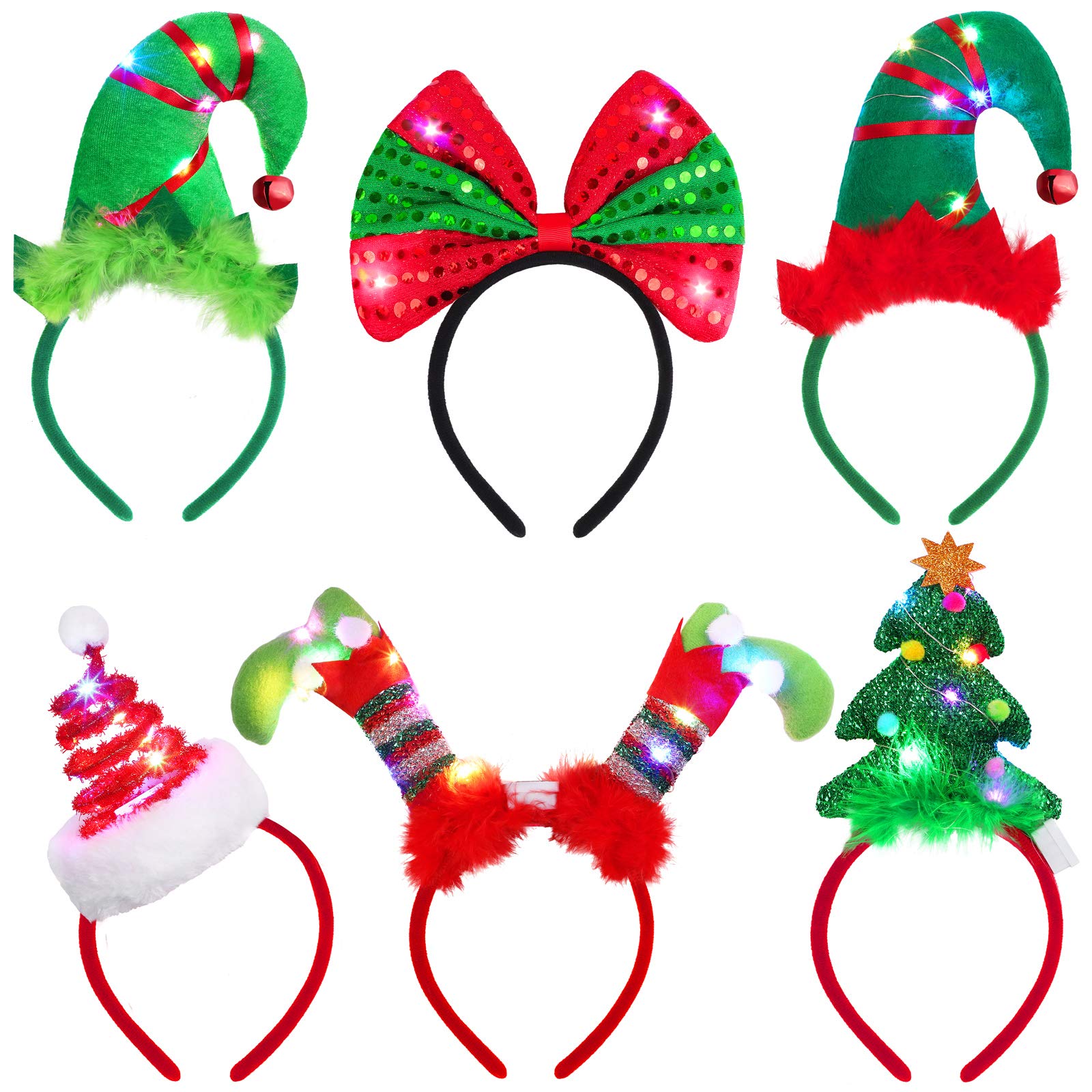ELCOHO 6 Pack Christmas LED Headbands Holiday Light Up Costume Headband Reindeer Christmas Bow Elf Costumes Hair Bands for Christmas Party Costumes Favor