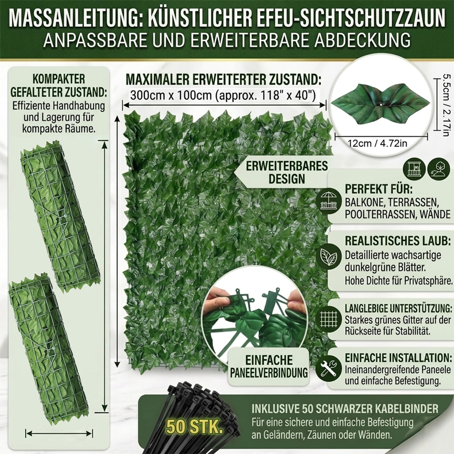 Künstliche Efeu Garten Sichtschutz,Balkon Sichtschutz,Künstliche Efeu Blatt Dekoration für Gartenhecken Balkon Außendekoration 100 x 300 cm