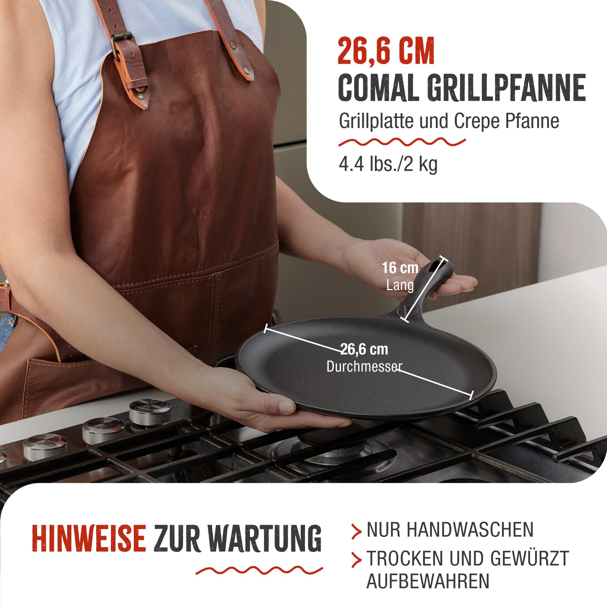 VICTORIA Grillpfanne Gusseisen Eingebrannte Comal Pizza-Pfanne 26,6cm, Induktion, Feuer, Grill, Ofen, Glaskeramik, Gas, Vorgewürztem um eine Giftfreie Antihaftbeschichtung ohne PTFE zu Schaffen