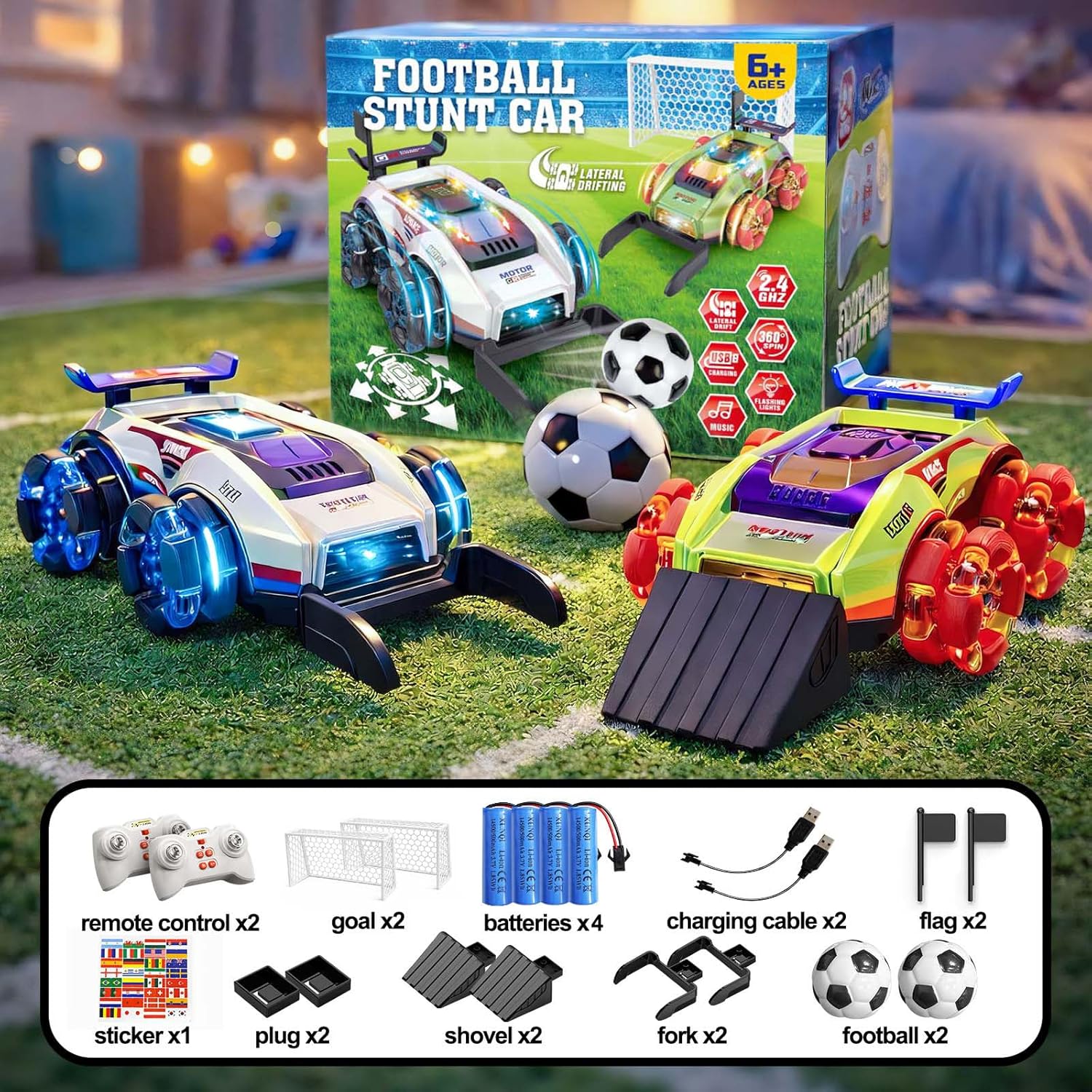 YESHIN Remote Control Football Stunt Car Set, World Cup 2026 Soccer RC Car Toy with LED Lights & Music, Goal & Ball, Dual Player Battle 360° Drift Wheels RC Car Gift for Boys Girls Age 6+ (2 Pack)