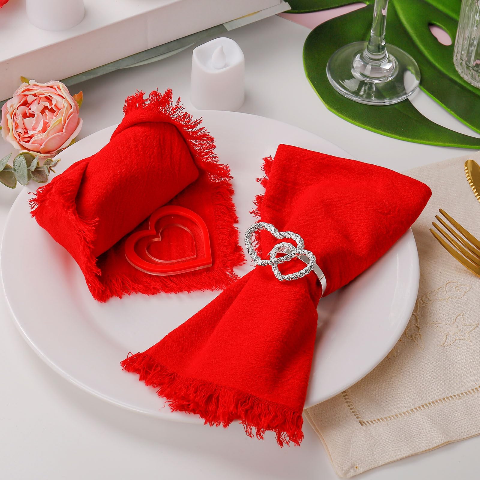 Servilleteros de corazón para el día de San Valentín, doble letra de amor, servilleteros para bodas, fiestas, cenas, vacaciones, mesa, decoración de mesa, decoración del hogar (doble amor-plateado)