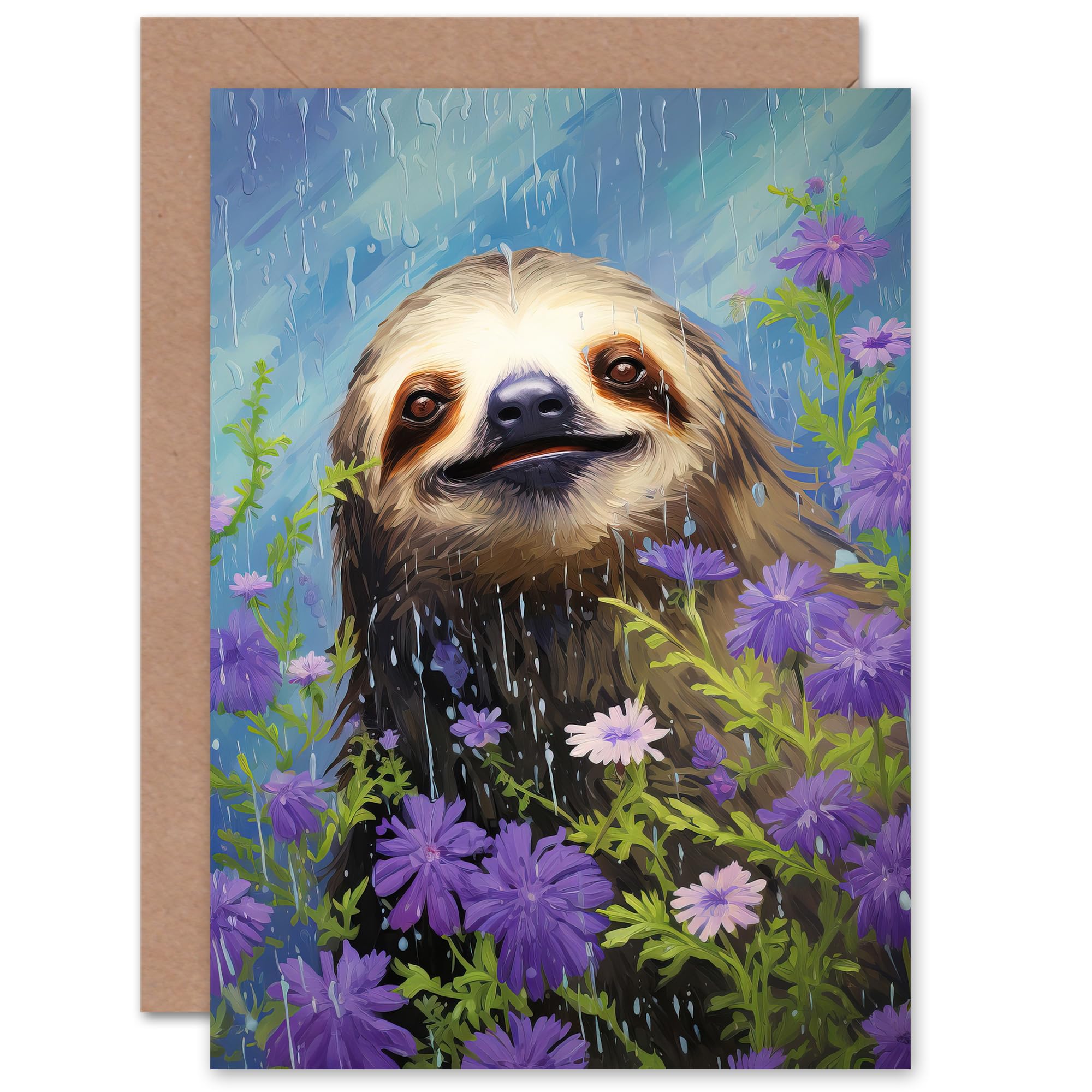 Artery8 Greeting Card - Sloth in Lavender Daisies - Blue