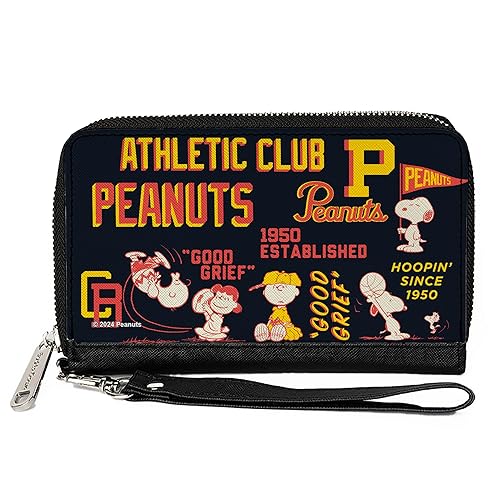 Peanuts Wallet, Zip Around, Peanuts Athletic Club Poses and Quotes Black Red Yellow, Vegan Leather