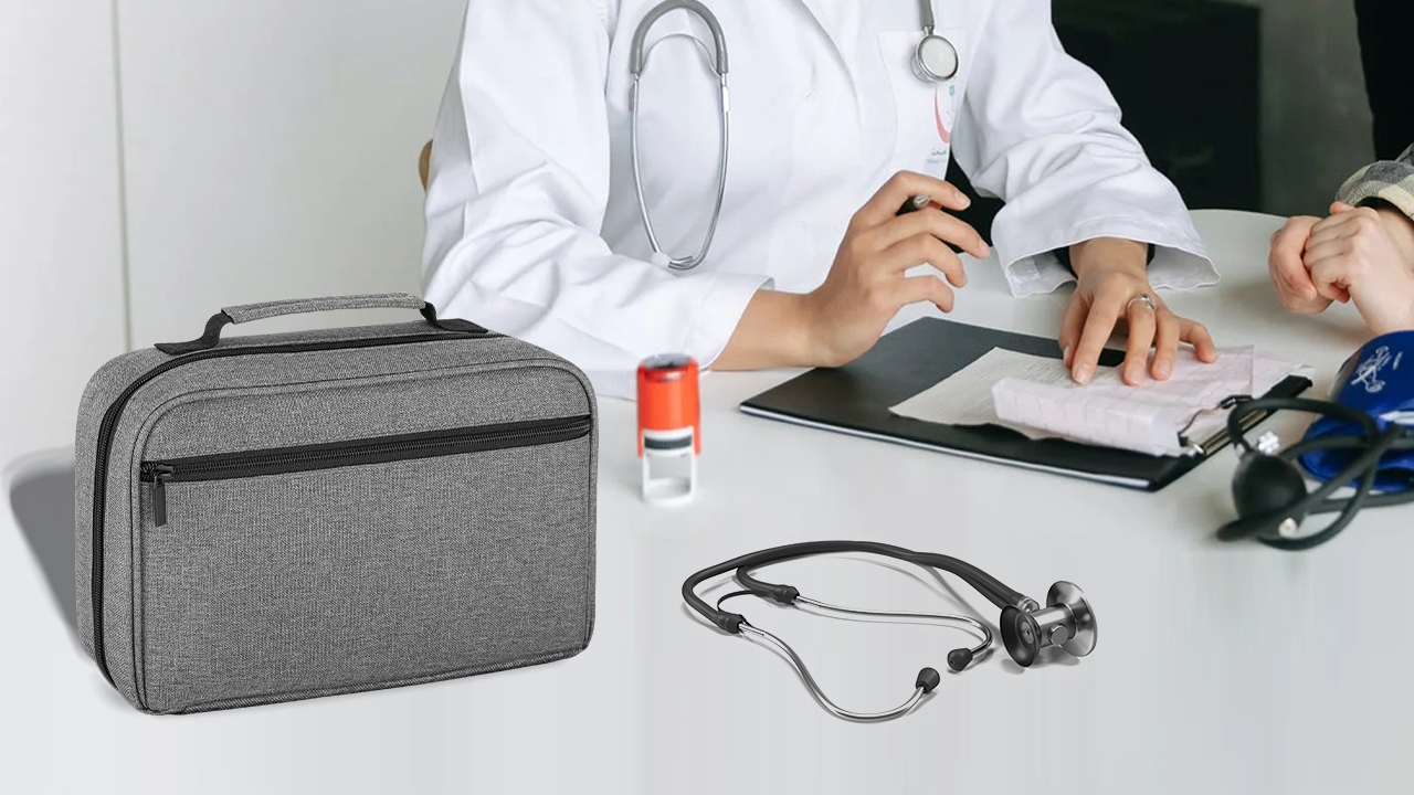 Image of Damero Stethoscope Carrying Case Holds 2 Stethoscopes and BP Cuffs, Black | Portable Stethoscope Case Compatible with 3M Littmann /ADC /Omron /MDF, Slots and Pockets for Nurse Accessories, Bag Only