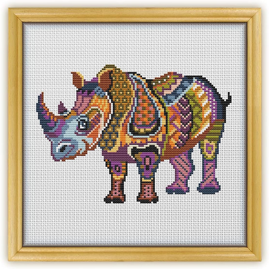 Mandala Rhinoceros K287 Counted Cross Stitch KIT#3. Threads, Needles, Fabric, Embroidery Hoop and Printed Color Pattern Inside. Embroidery Pattern