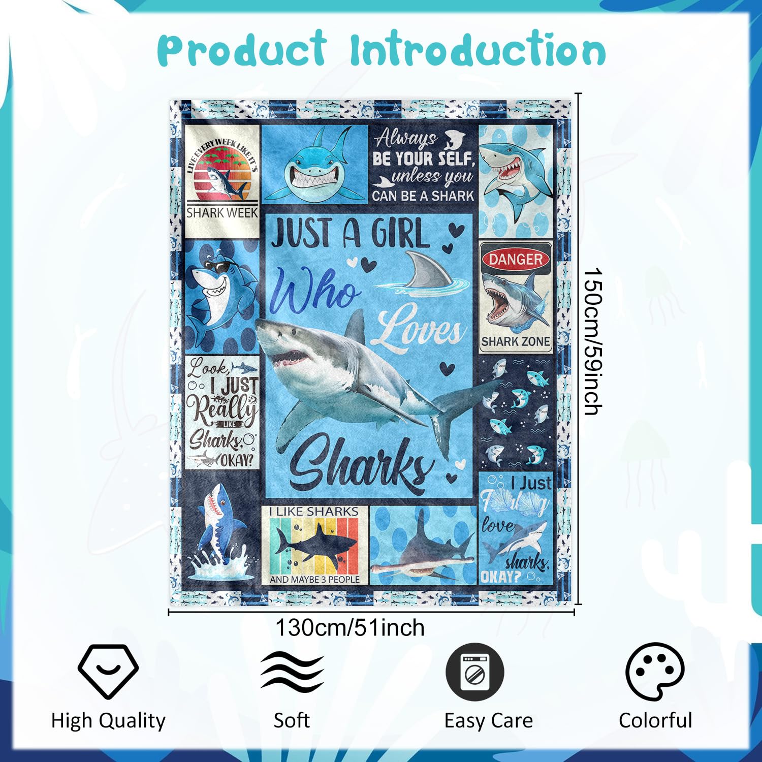 Wxiben Shark Throw Blanket Gifts - Ocean Animals Blanket Gift for Boys Girls Shark Lovers Just a Girl Who Loves Sharks Flannel Throw Blankets Gift for Bed Couch Sofa Living Room 60x50 inches