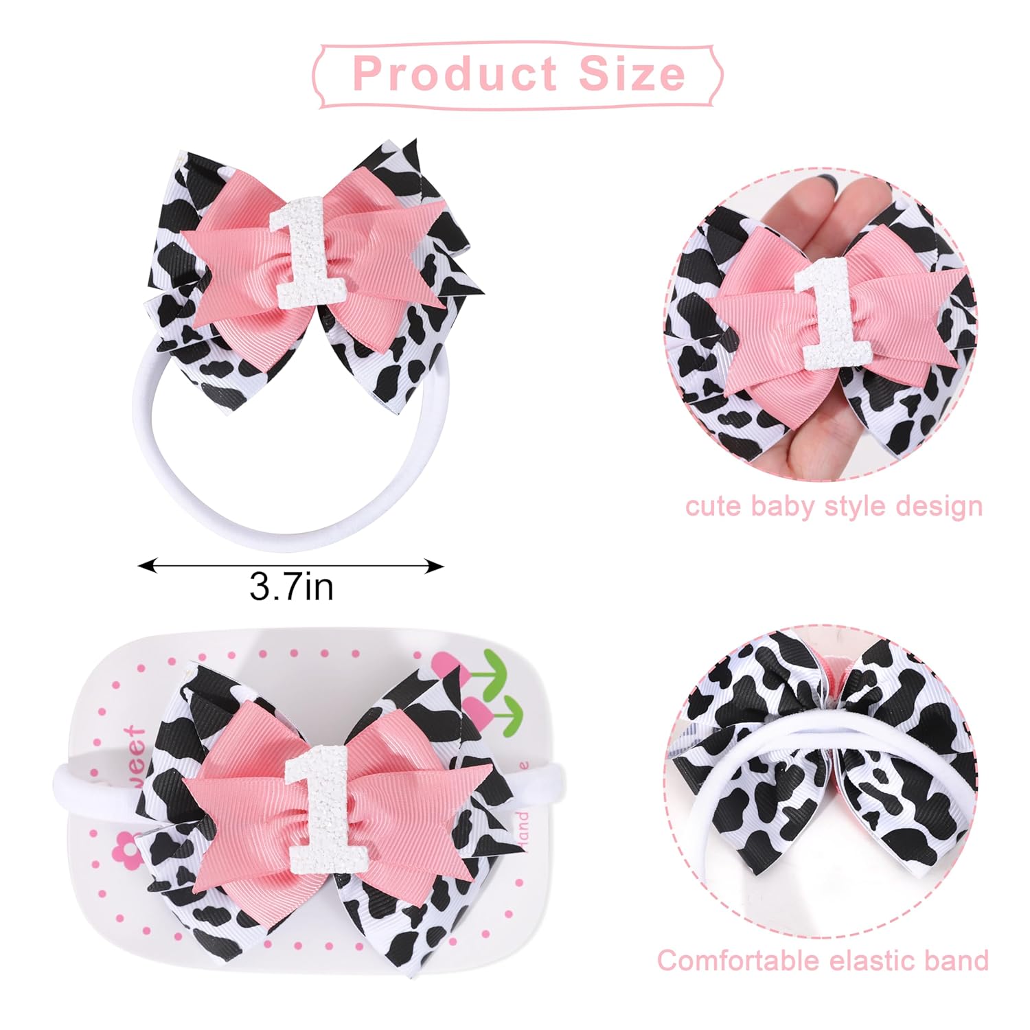 Cow Print Bow Headband for Girls - Pink, 1st Birthday Party Decorations, Farm Animal Themed Party Decor, One Headband Photo Prop (Cow1) - Image 2