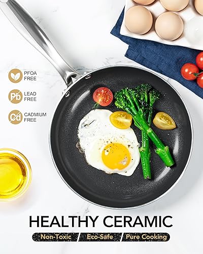 Miniatura 3 de MICHELANGELO Sartén de cerámica, sartén antiadherente de 10 pulgadas con tapa, sartén no tóxica con mango de acero inoxidable, sartén antiadherente,