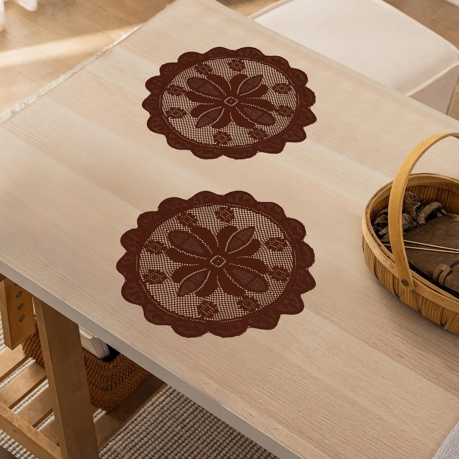 Kuber Industries Placemat | Dining Table Placemat | Round Plain Net Placemat Set | Side Table Placemats | 20 Inch | Pack of 2 | Maroon
