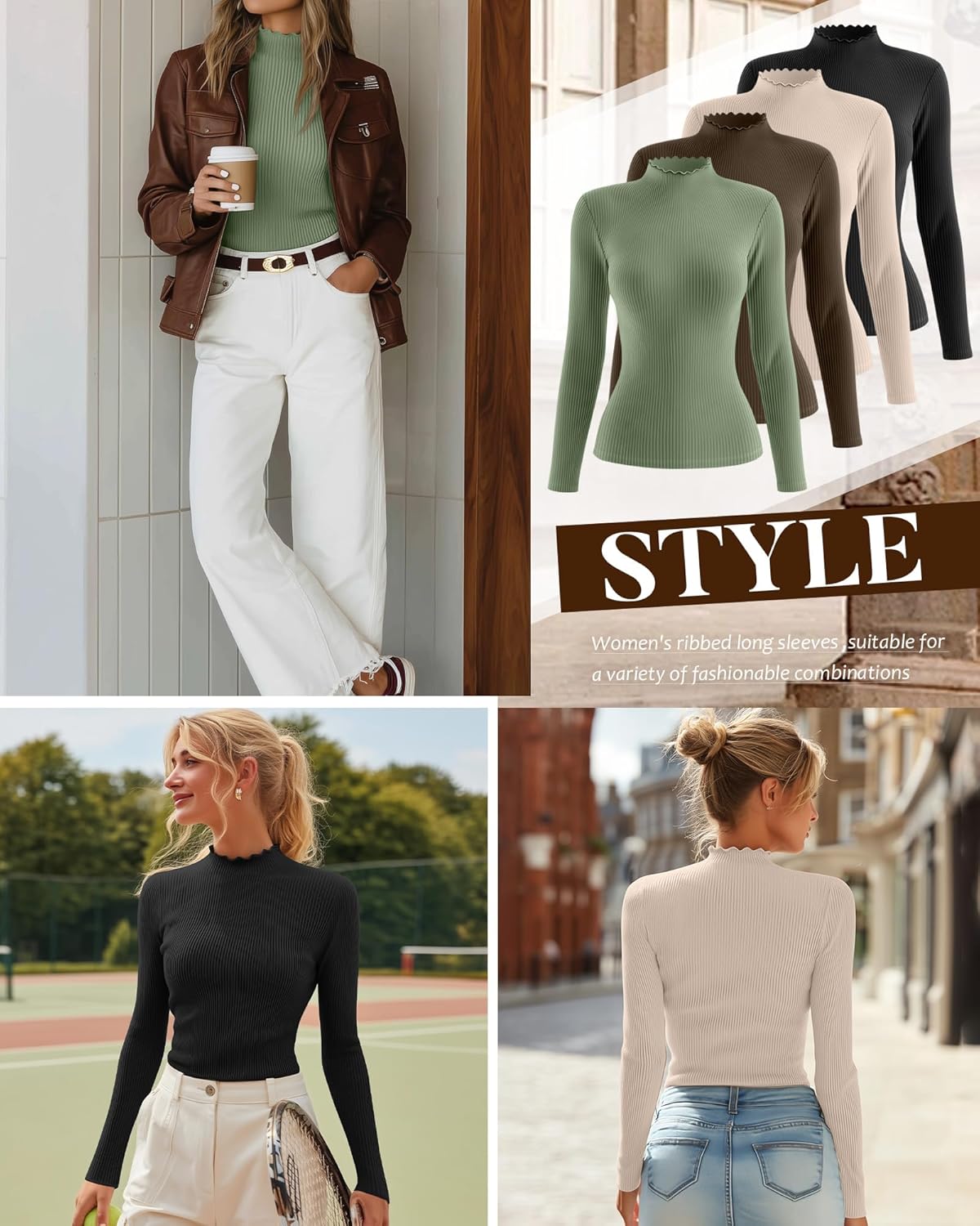 Riyiper 4 Pack Cotton Women's Mock Turtleneck Long Sleeve Tops Ribbed Lettuce Trim Slim Fit Basic Shirts Thermal Base Layer(Matcha Green, Mocha, Black, Apricot,Large) - Image 6